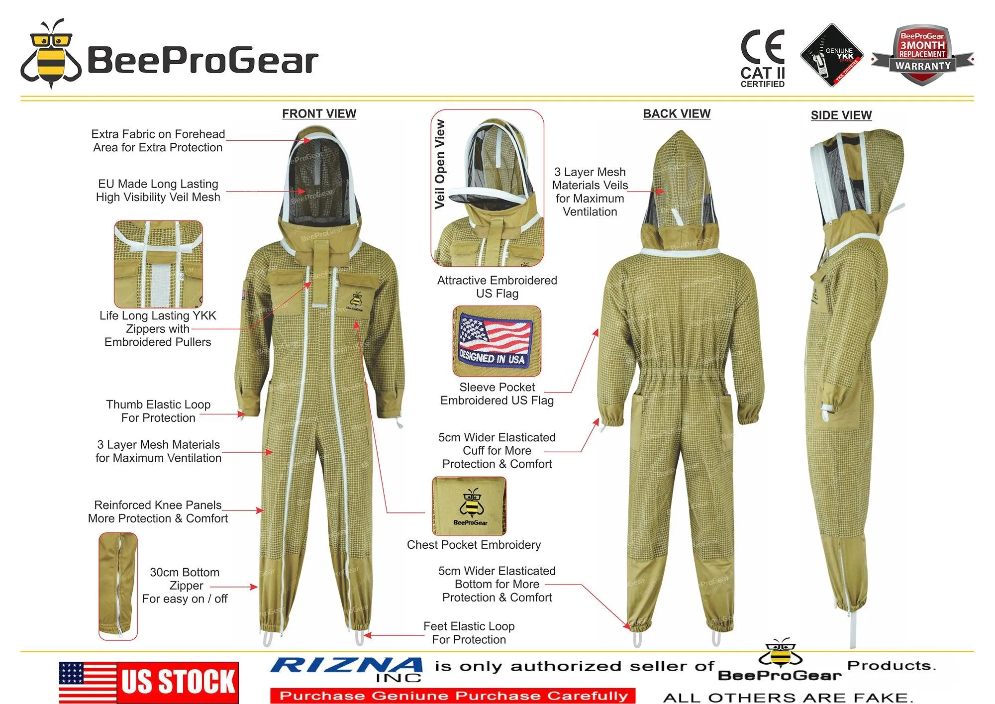 3-Layer Ultra Ventilated Beekeeping Suit with Fencing Veil | Breathable Sting-Proof Protection | Khaki