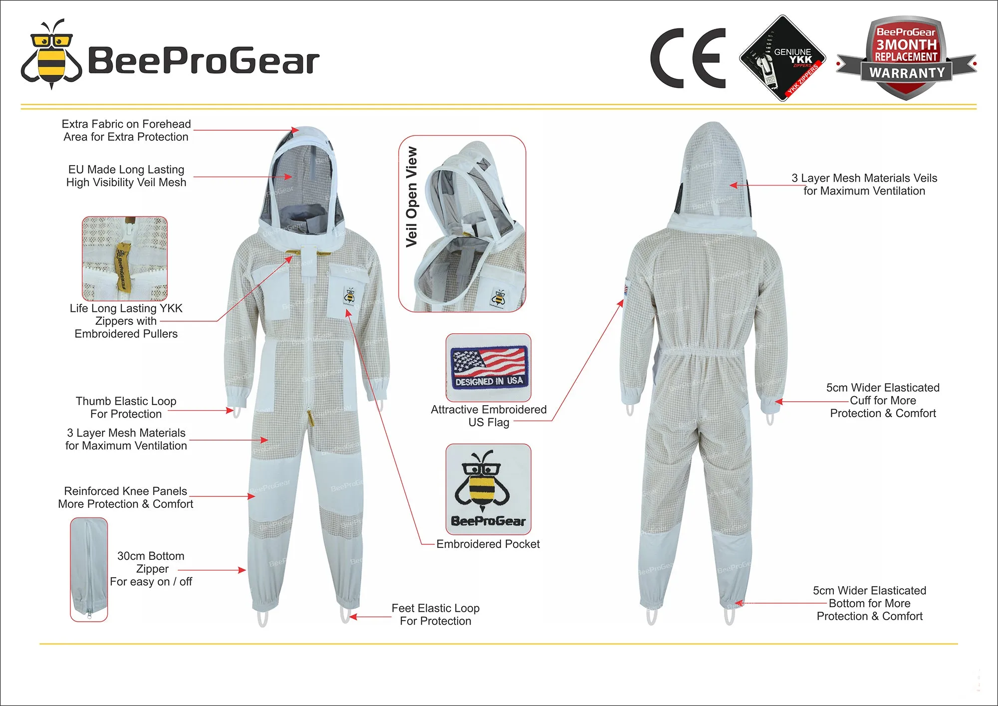 3-Layer Ultra Ventilated Beekeeping Suit with Fencing Veil | Sting-Proof Protection for Men & Women | SBS Zipper | White