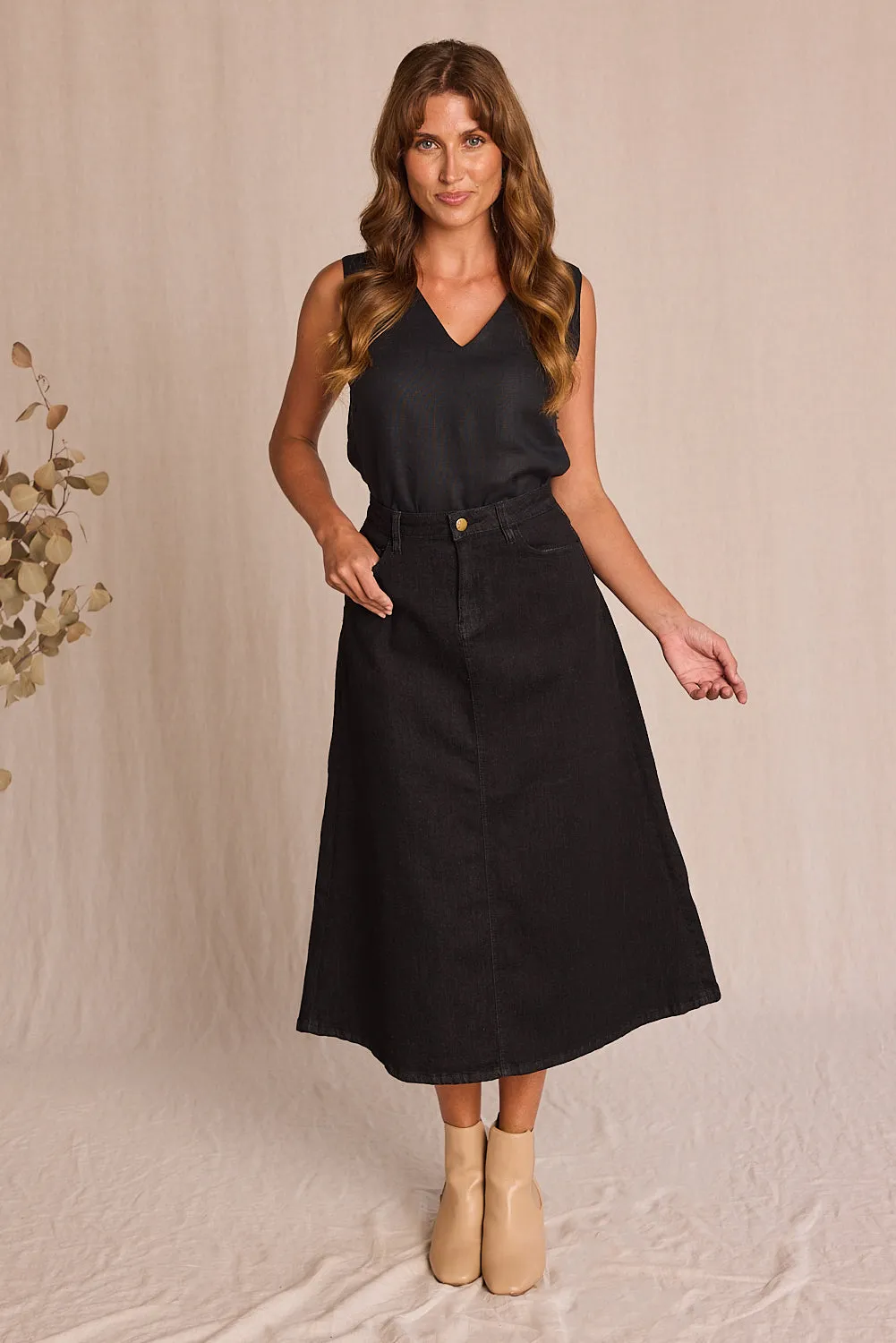 Adrift Denim A-Line Skirt in Black