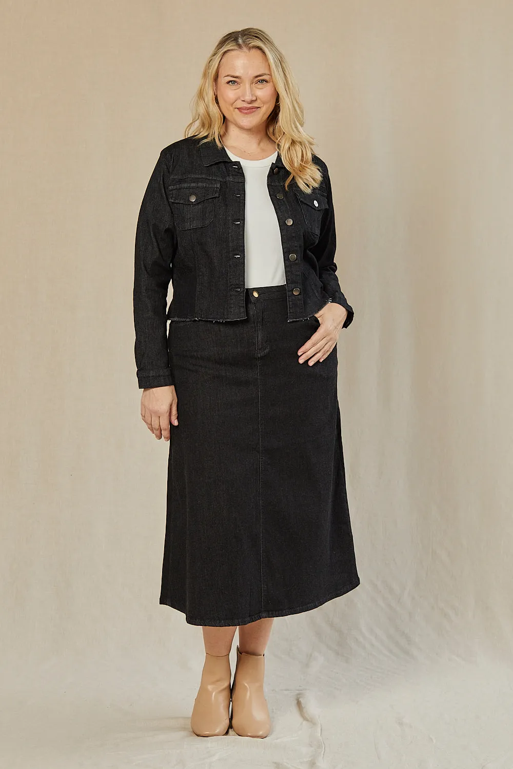 Adrift Denim A-Line Skirt in Black