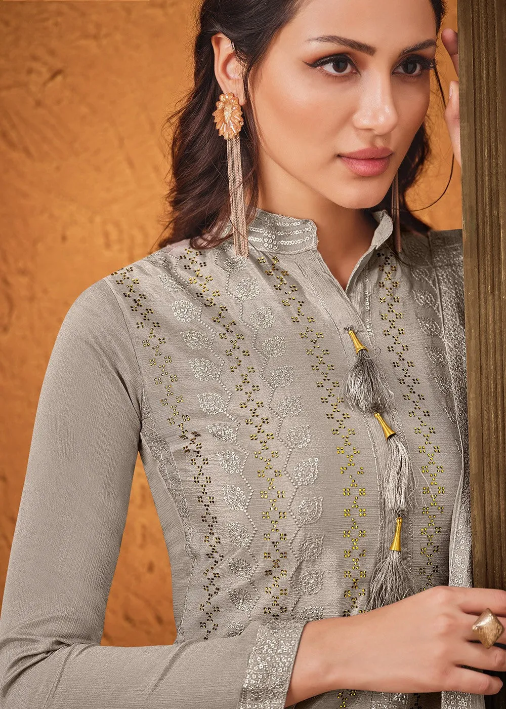 Ash Grey Chiffon Embroidered Sharara Suit