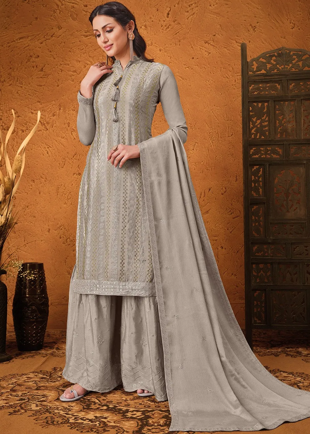 Ash Grey Chiffon Embroidered Sharara Suit