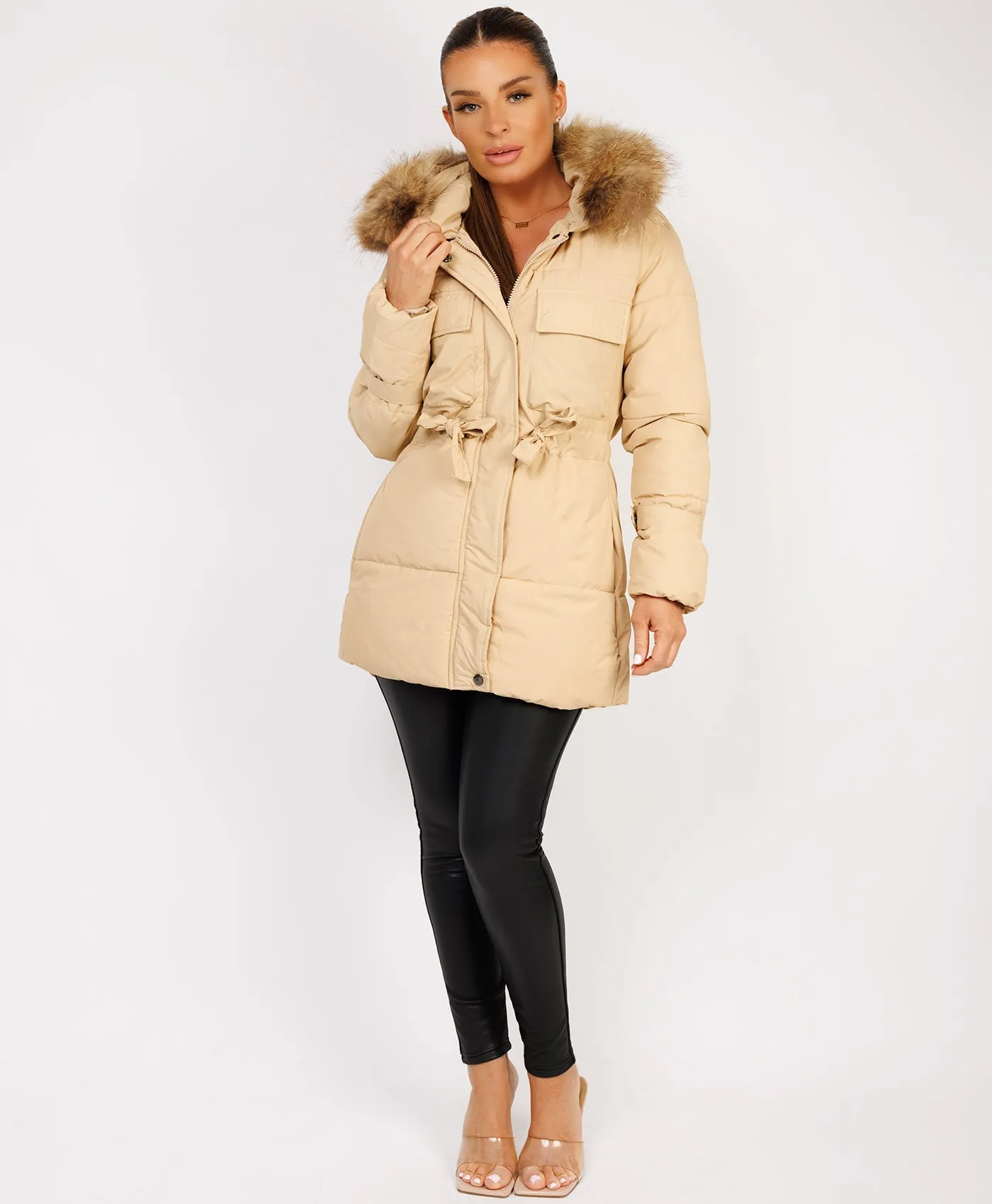 Beige Waist Tie Real Fur Hood Puffer Coat