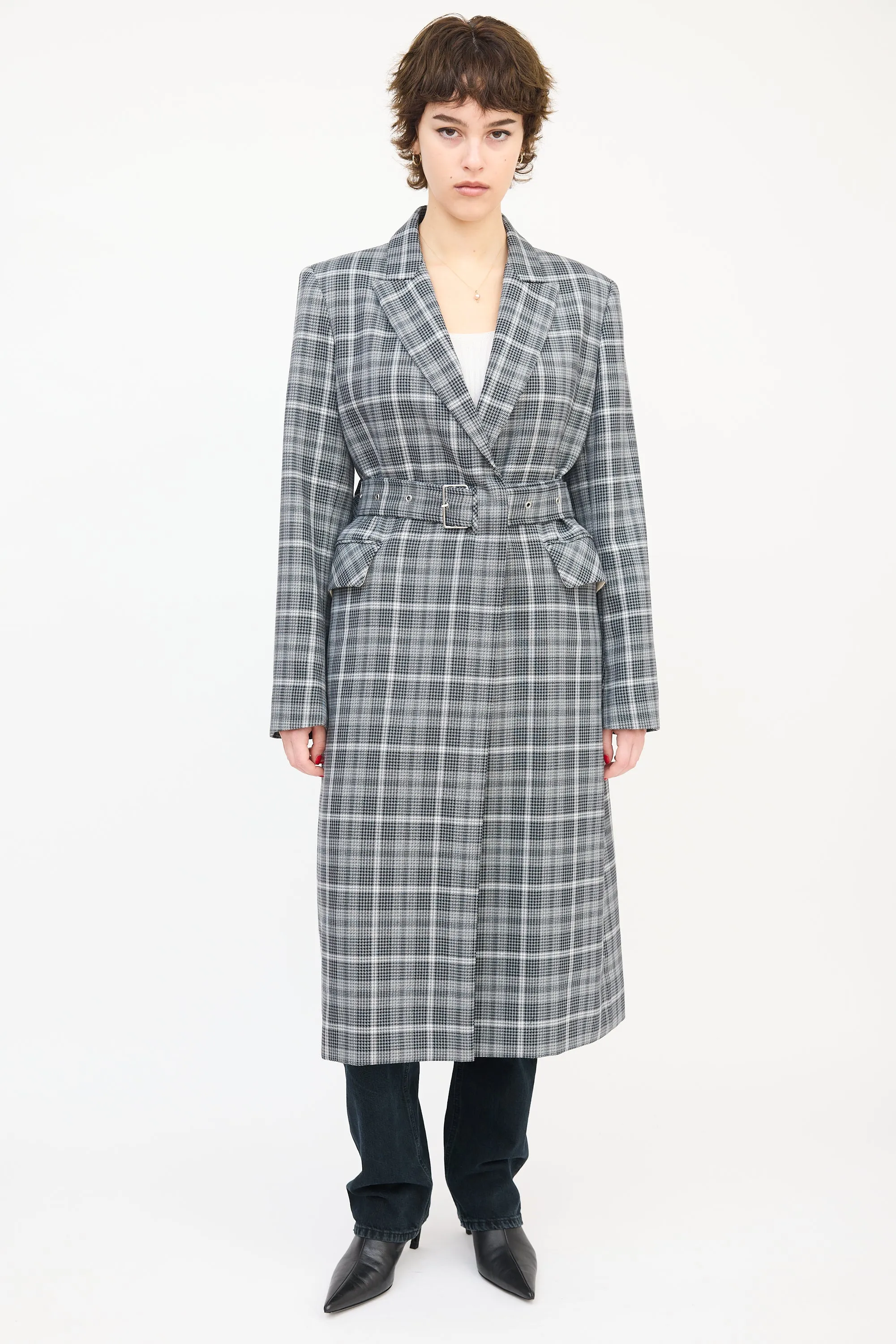 Black & White Wool Check Belted Coat