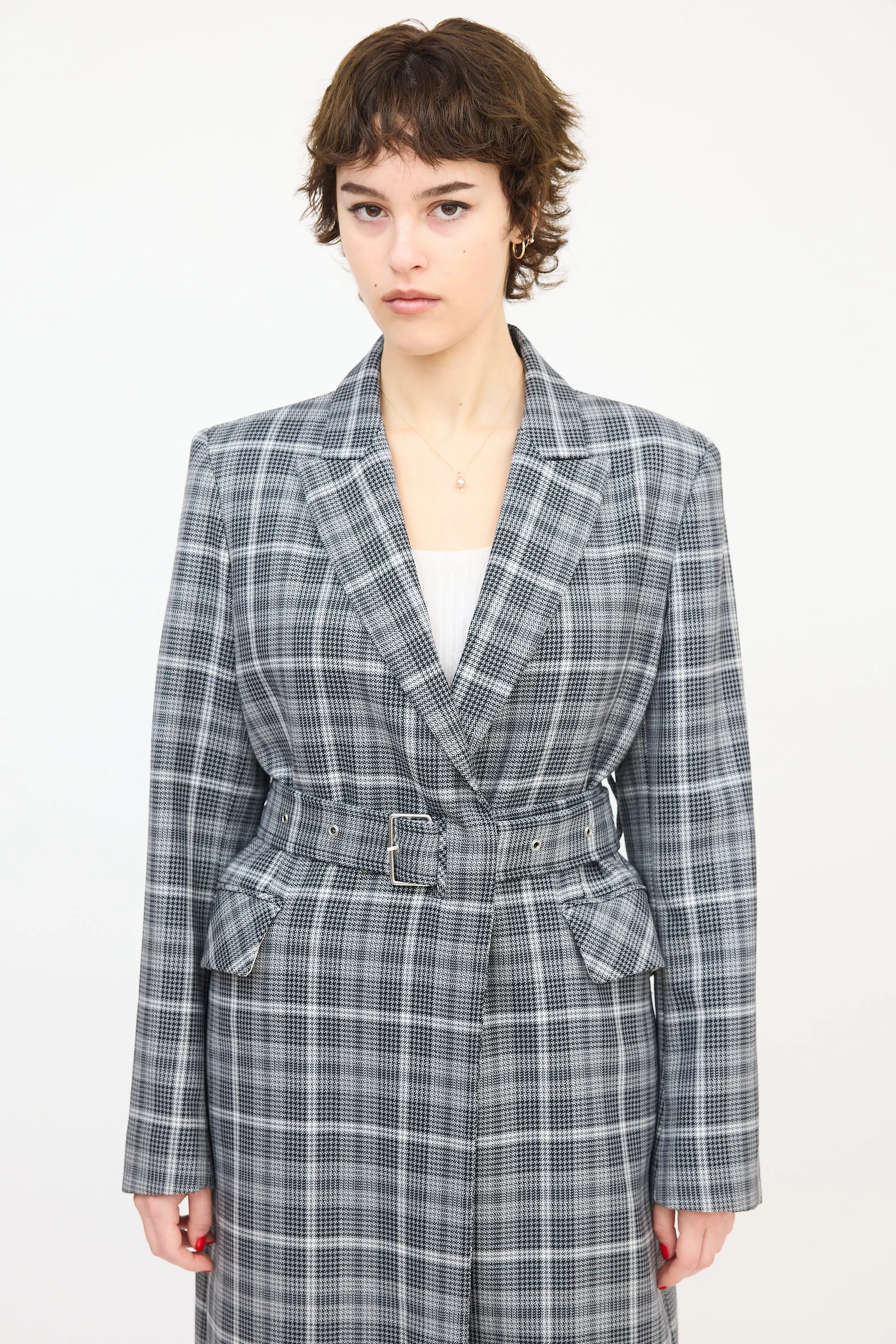 Black & White Wool Check Belted Coat