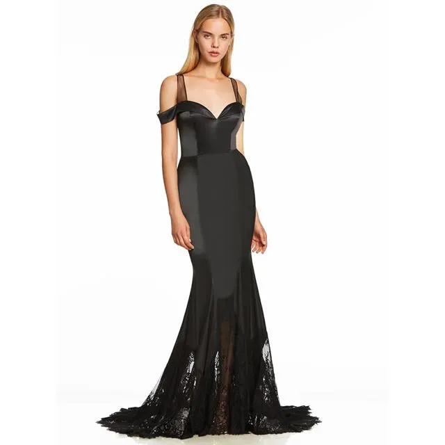 Black Classic mermaid elegant sheer lace detail long evening dress