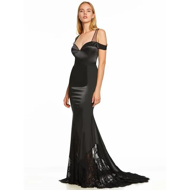 Black Classic mermaid elegant sheer lace detail long evening dress