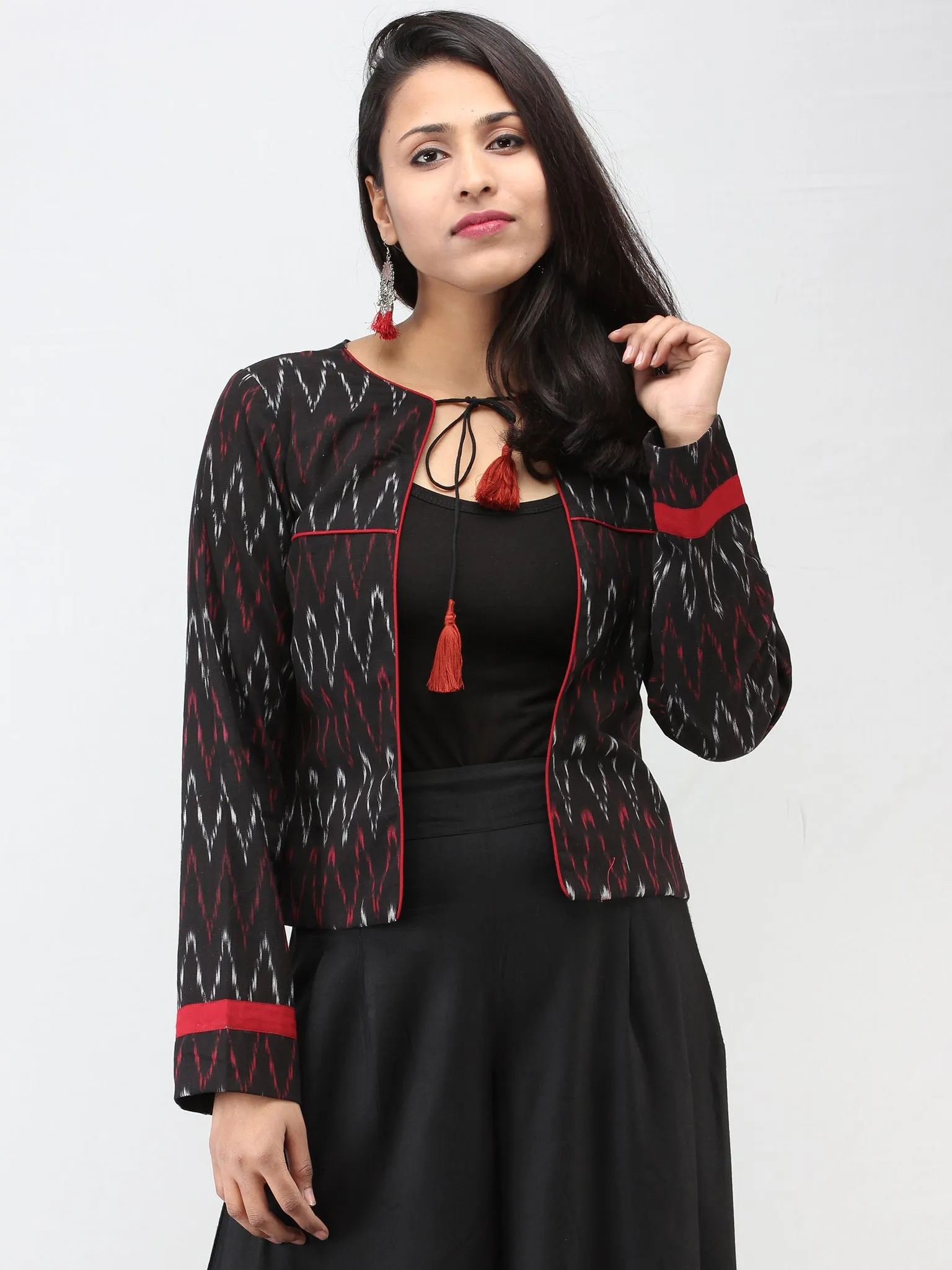 Black Maroon Grey Hand Woven Ikat Crop Jacket - J09FXXX