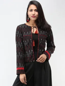 Black Maroon Grey Hand Woven Ikat Crop Jacket - J09FXXX