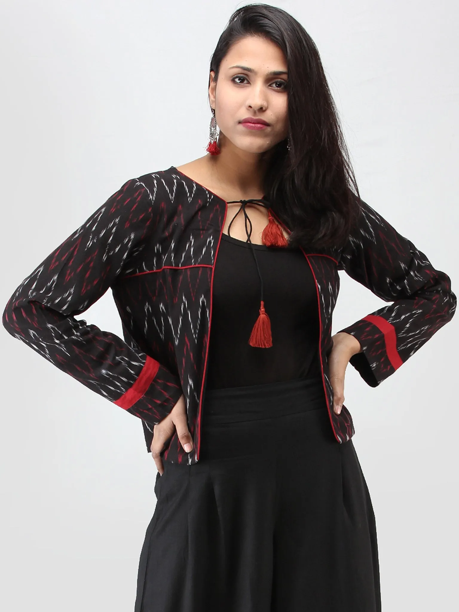 Black Maroon Grey Hand Woven Ikat Crop Jacket - J09FXXX