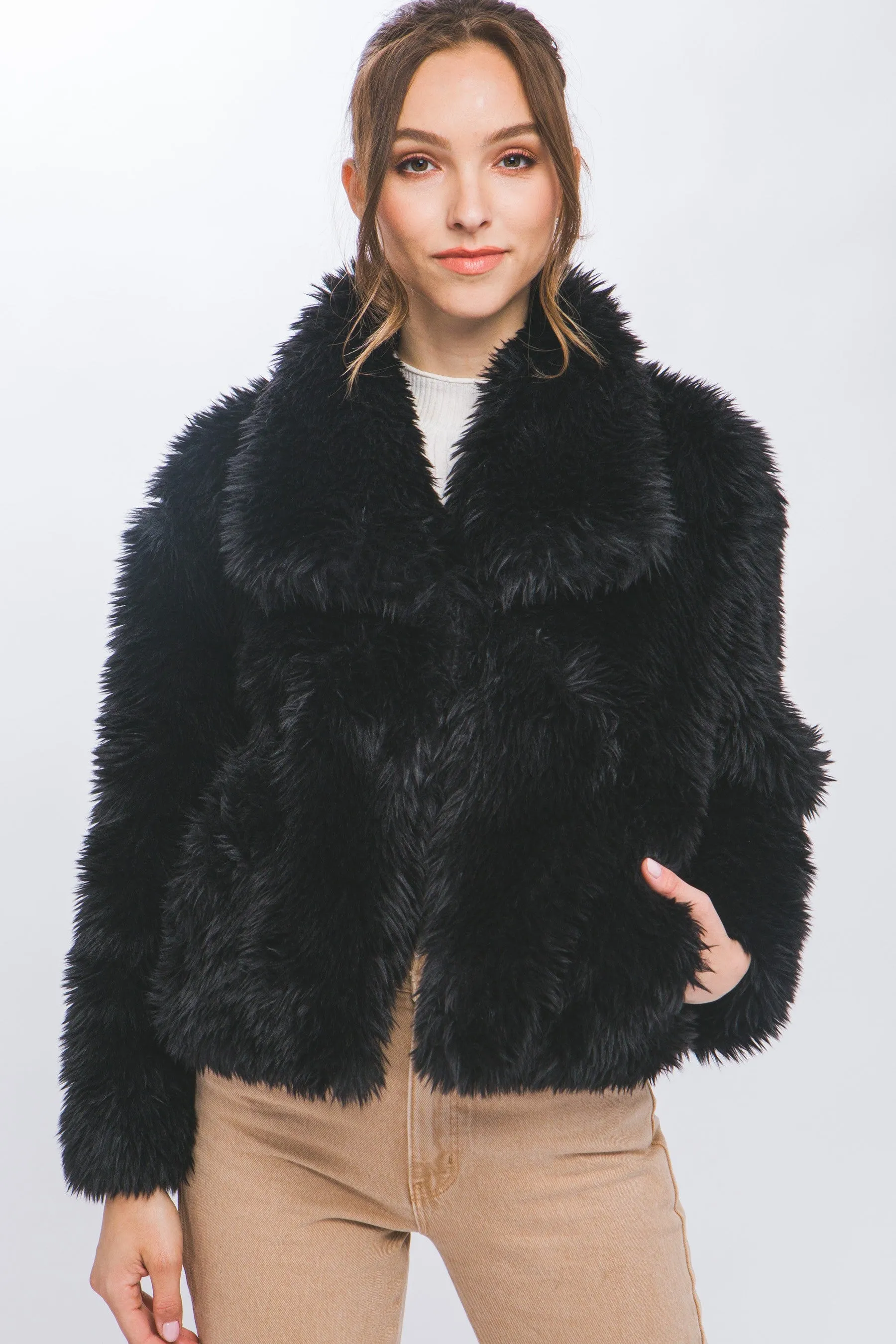 Black Mid Waist Faux Fur Coat