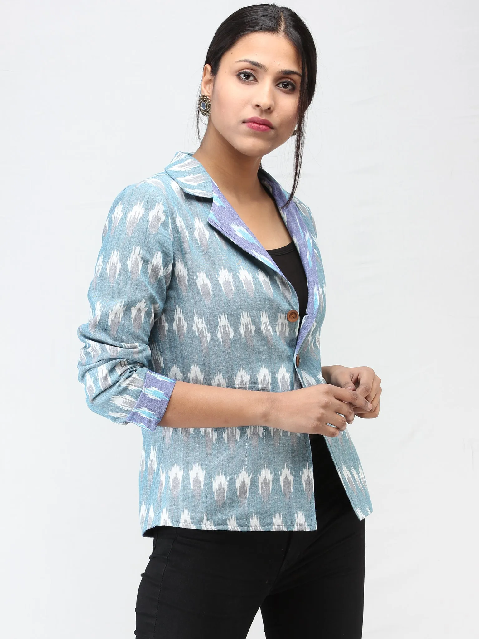 Blue Grey White Hand Woven Ikat Reversible Blazer  - J12FXXX