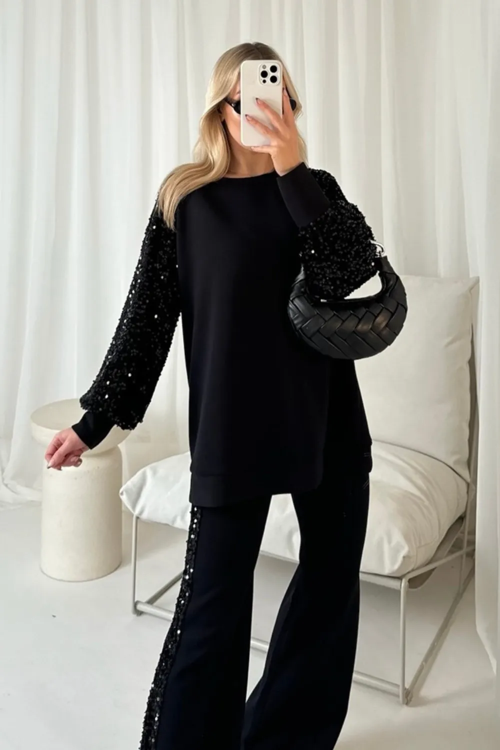 Brooke black sequin sweater and straight leg loungewear set