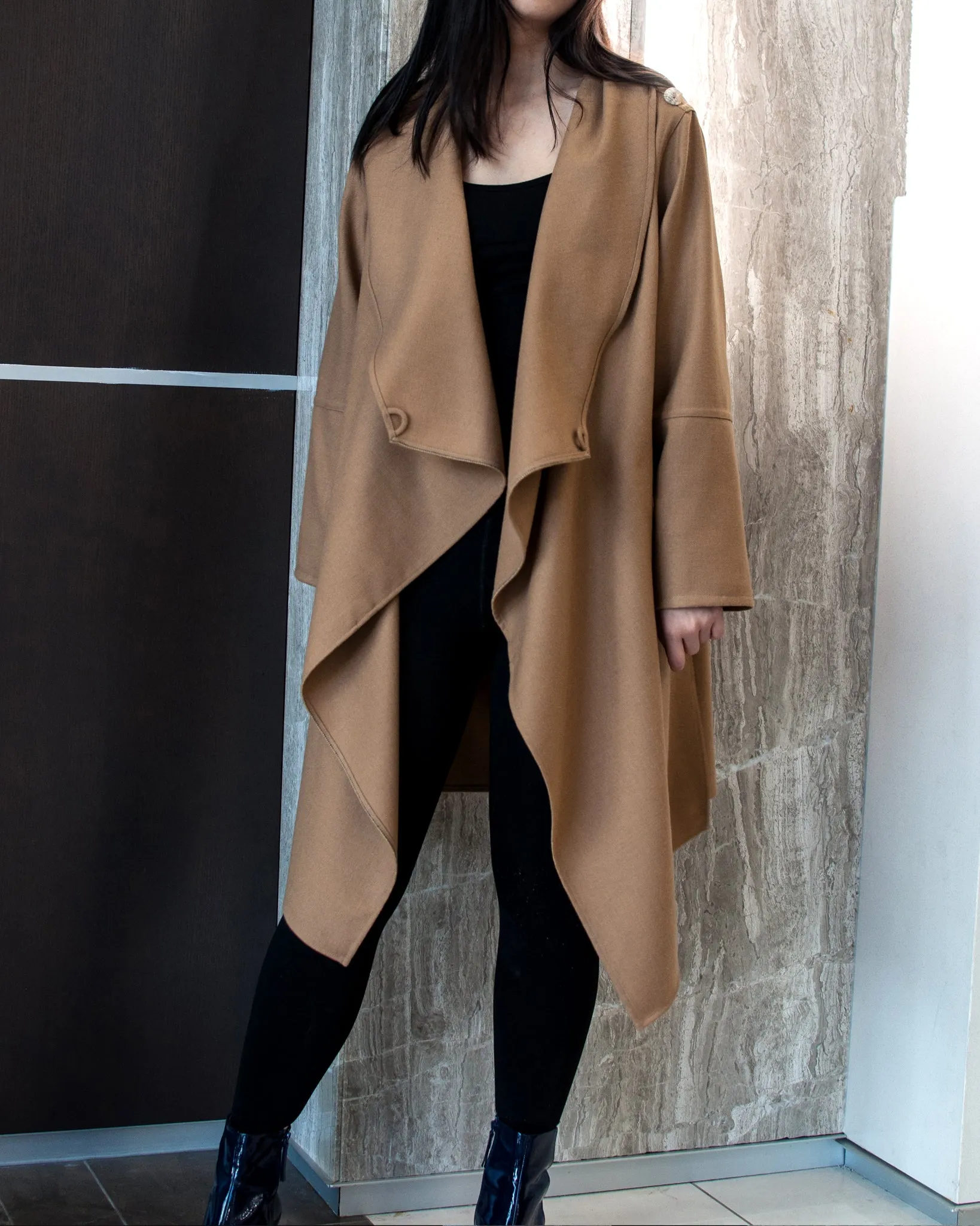 Camel Wool Coat With Wraparound Collar