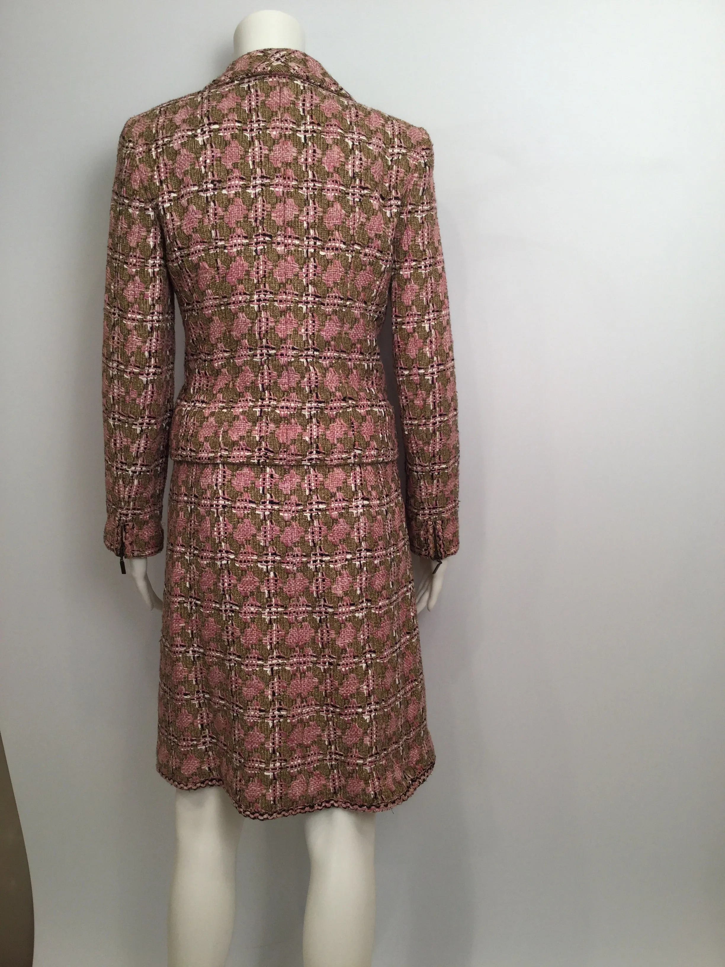 Chanel Vintage 03P, 2003 Spring Pink Brown Tweed Cotton jacket blazer skirt suit set FR 38 US 4