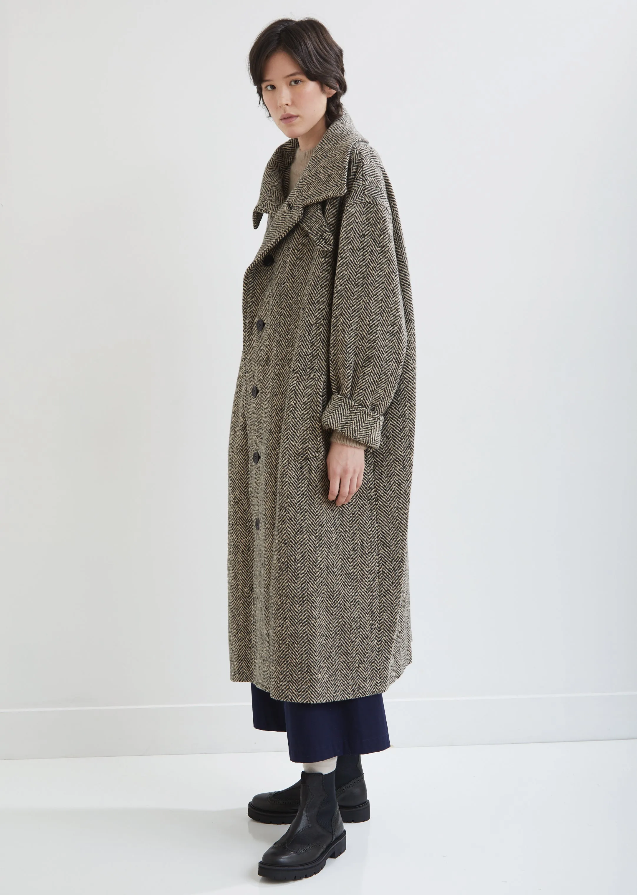 Convertible Collar Herringbone Coat