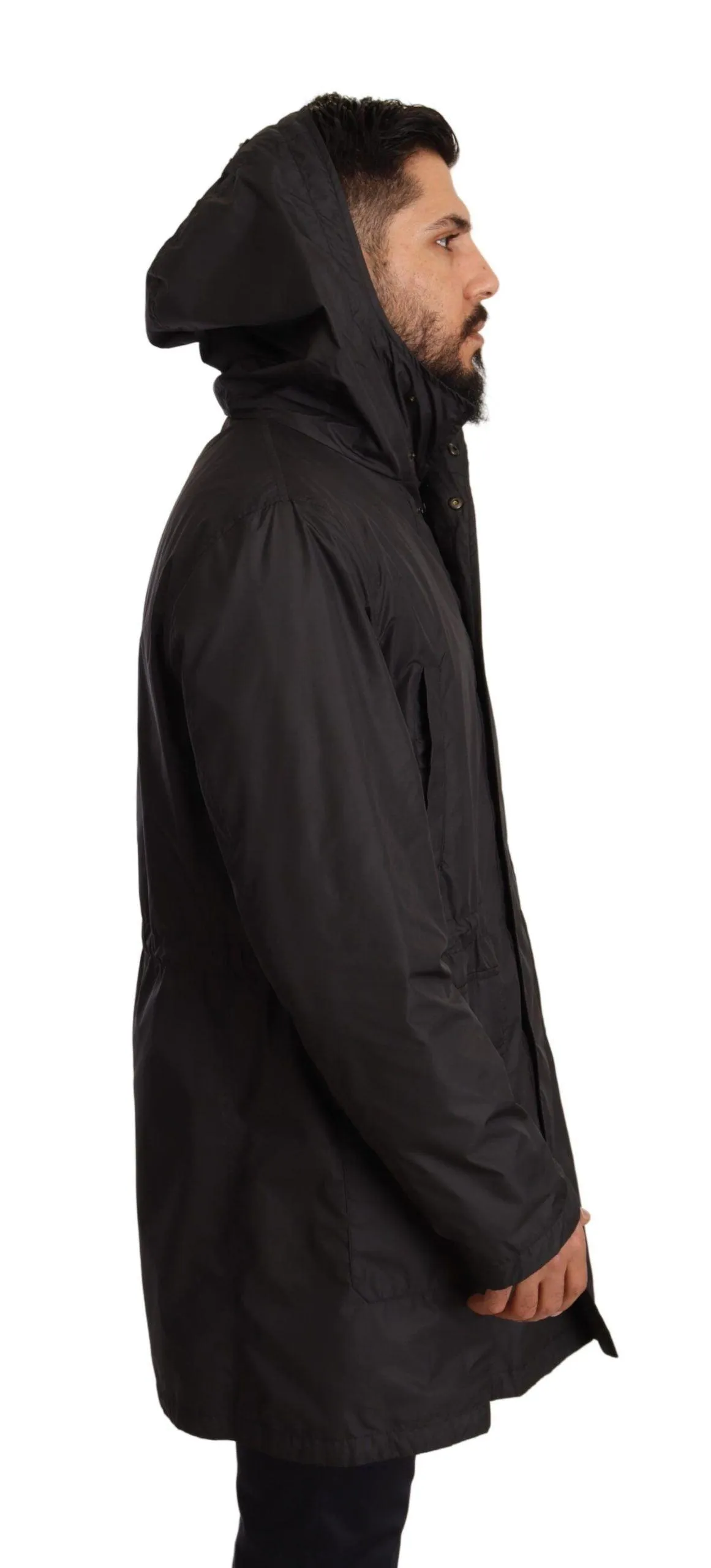 Dolce & Gabbana Black Hooded Mens Trench Coat Jacket