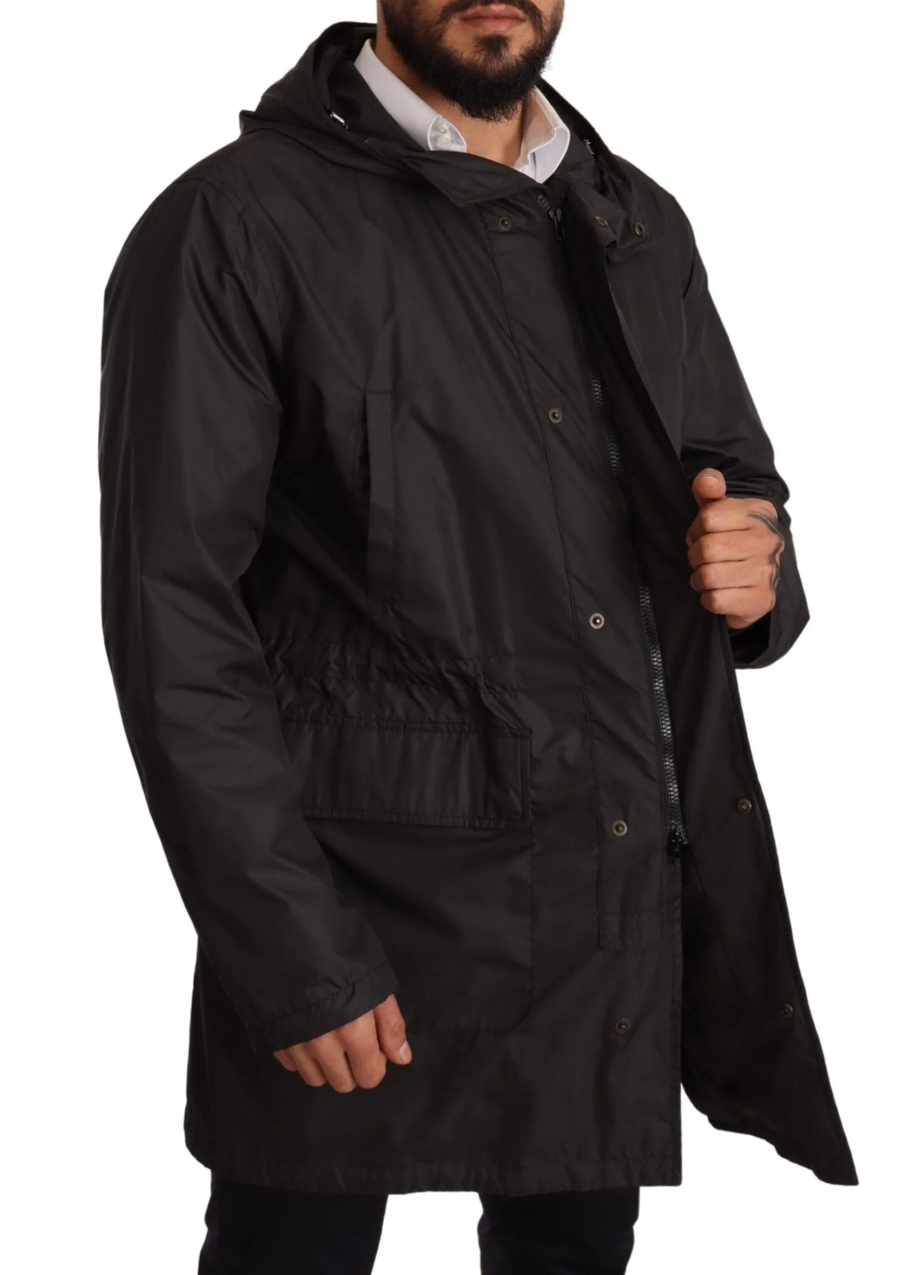 Dolce & Gabbana Black Hooded Mens Trench Coat Jacket