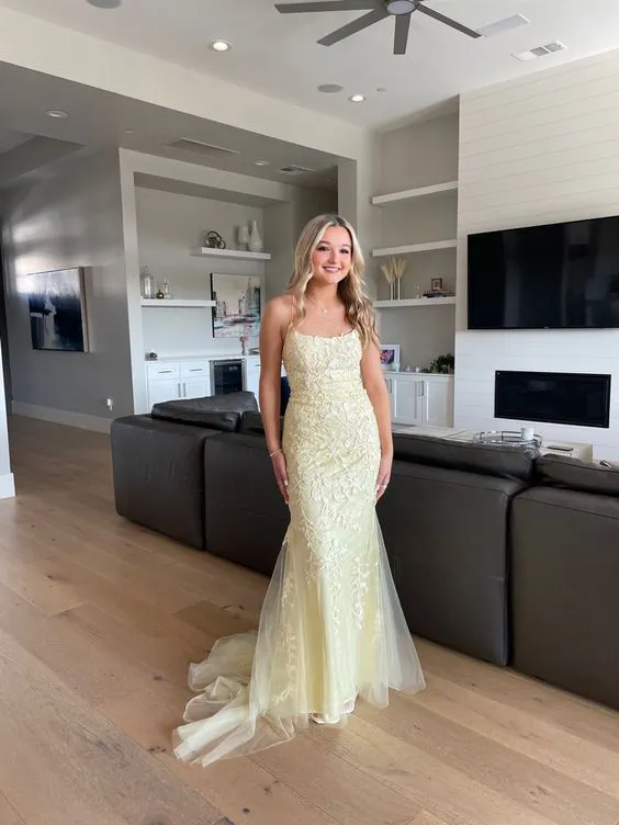 Elegant Yellow Backless Lace Prom Dresses,Birthday Luxury Dress