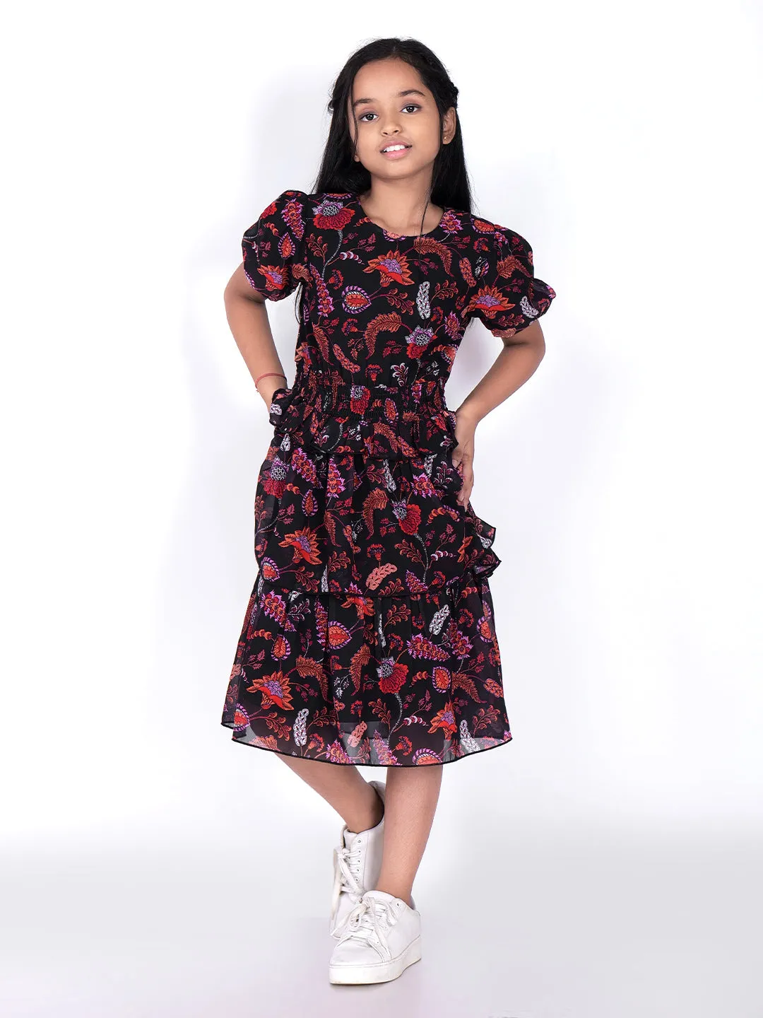 Floral Print Puff Sleeve Fit & Flare Dress