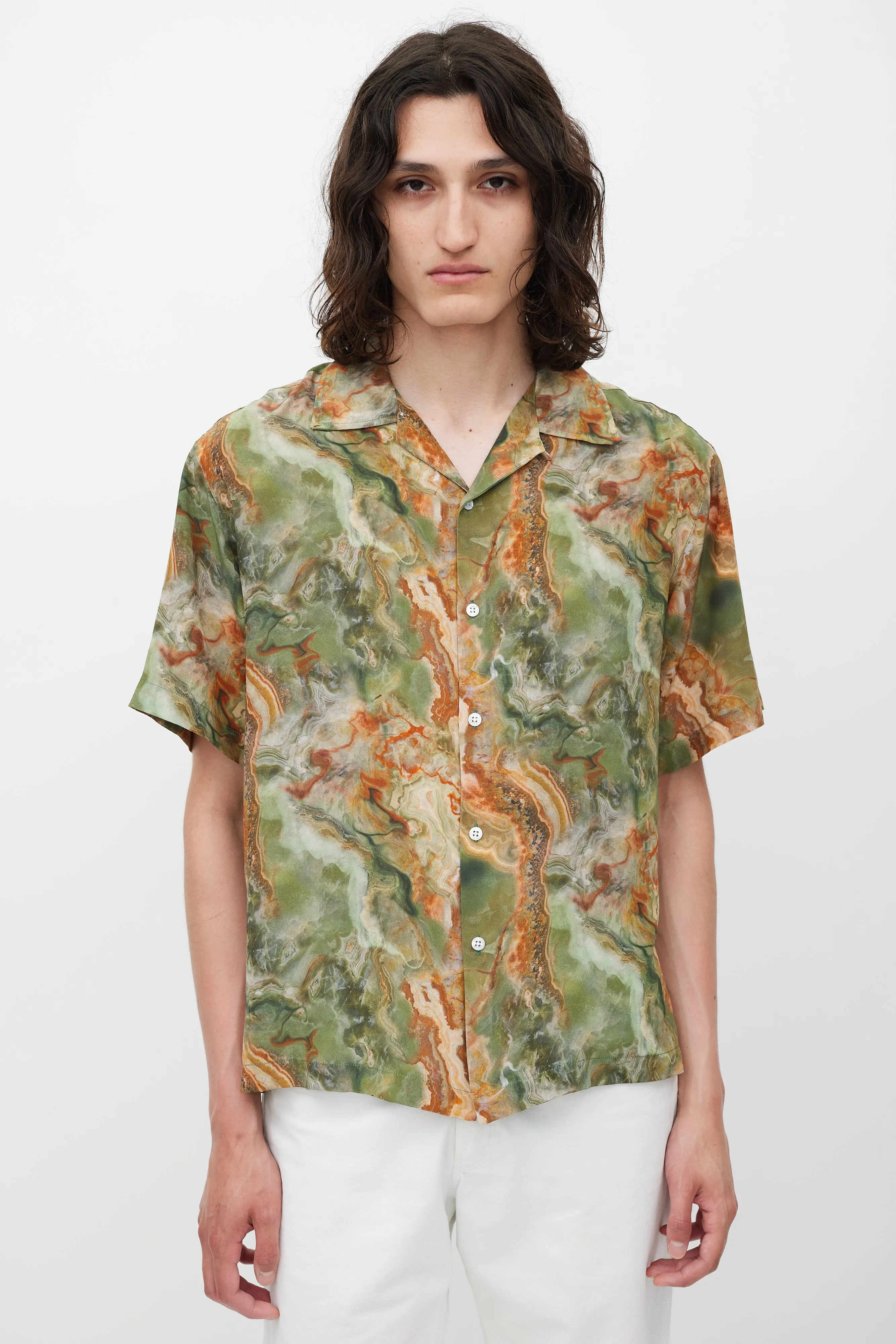 Green & Brown Silk Marble Printed Shirt