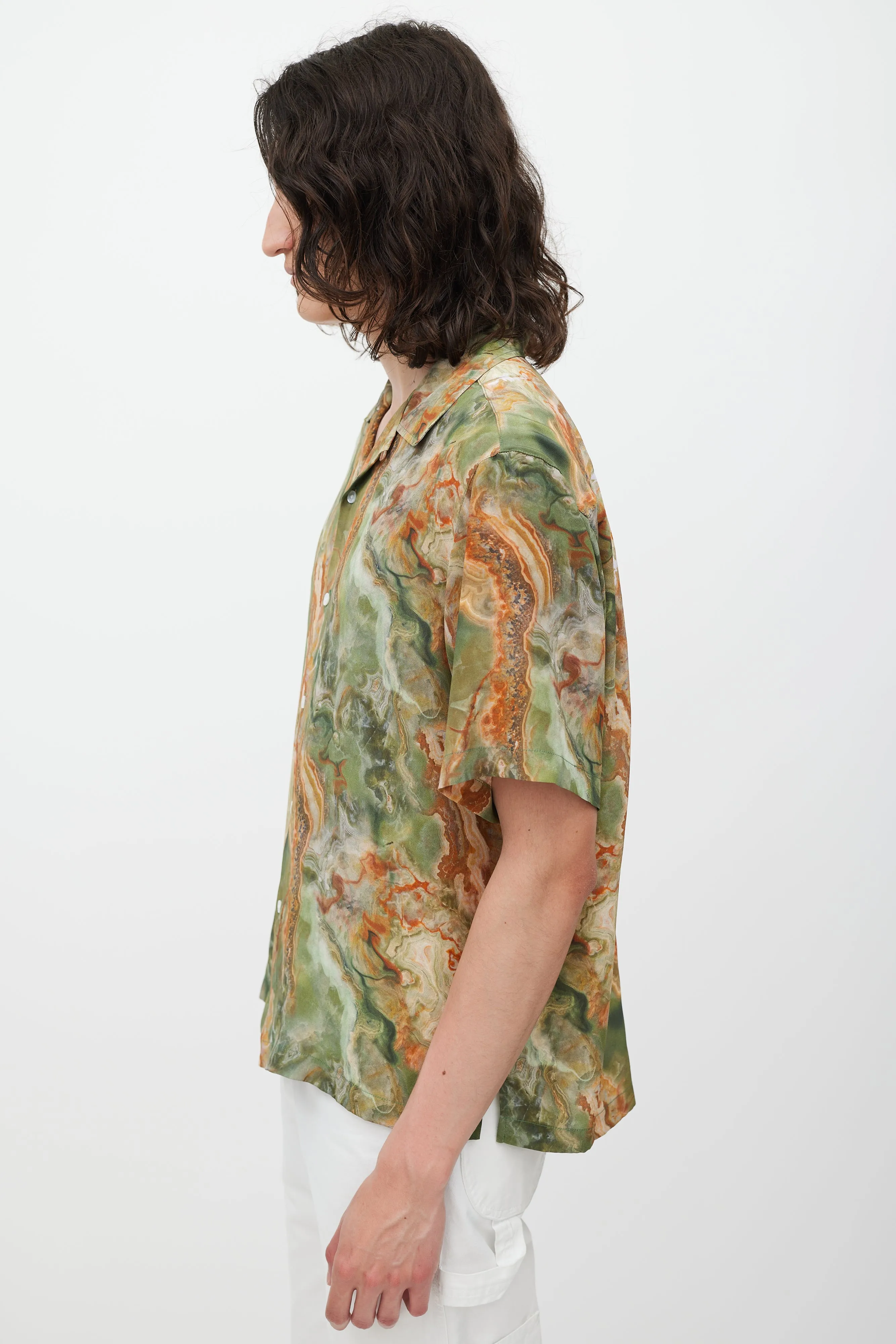 Green & Brown Silk Marble Printed Shirt