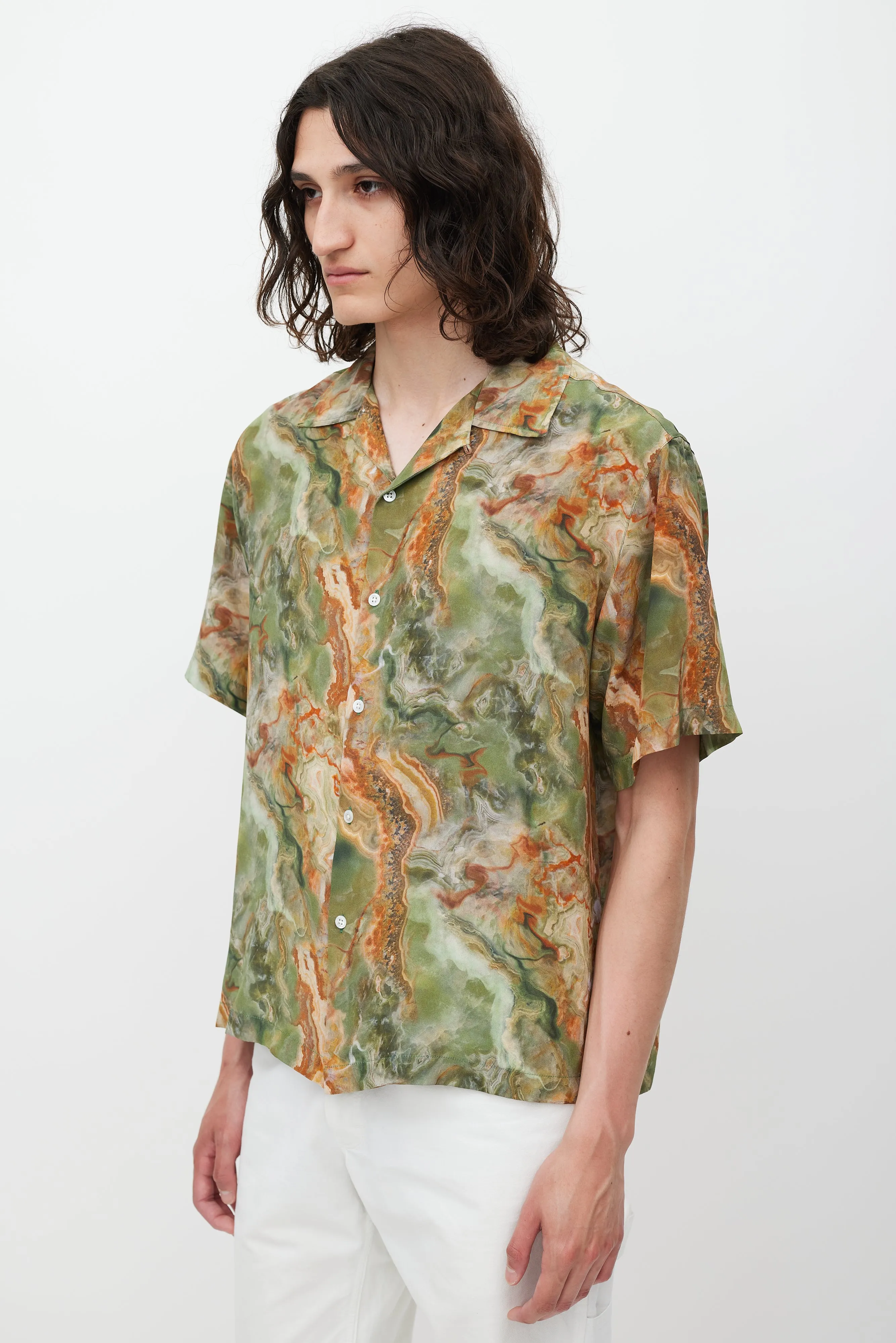 Green & Brown Silk Marble Printed Shirt