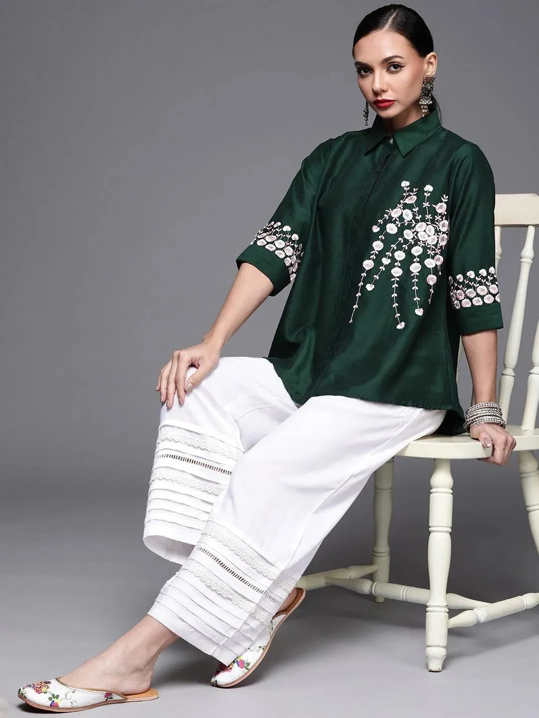 Green Embroidered Silk Blend Shirt