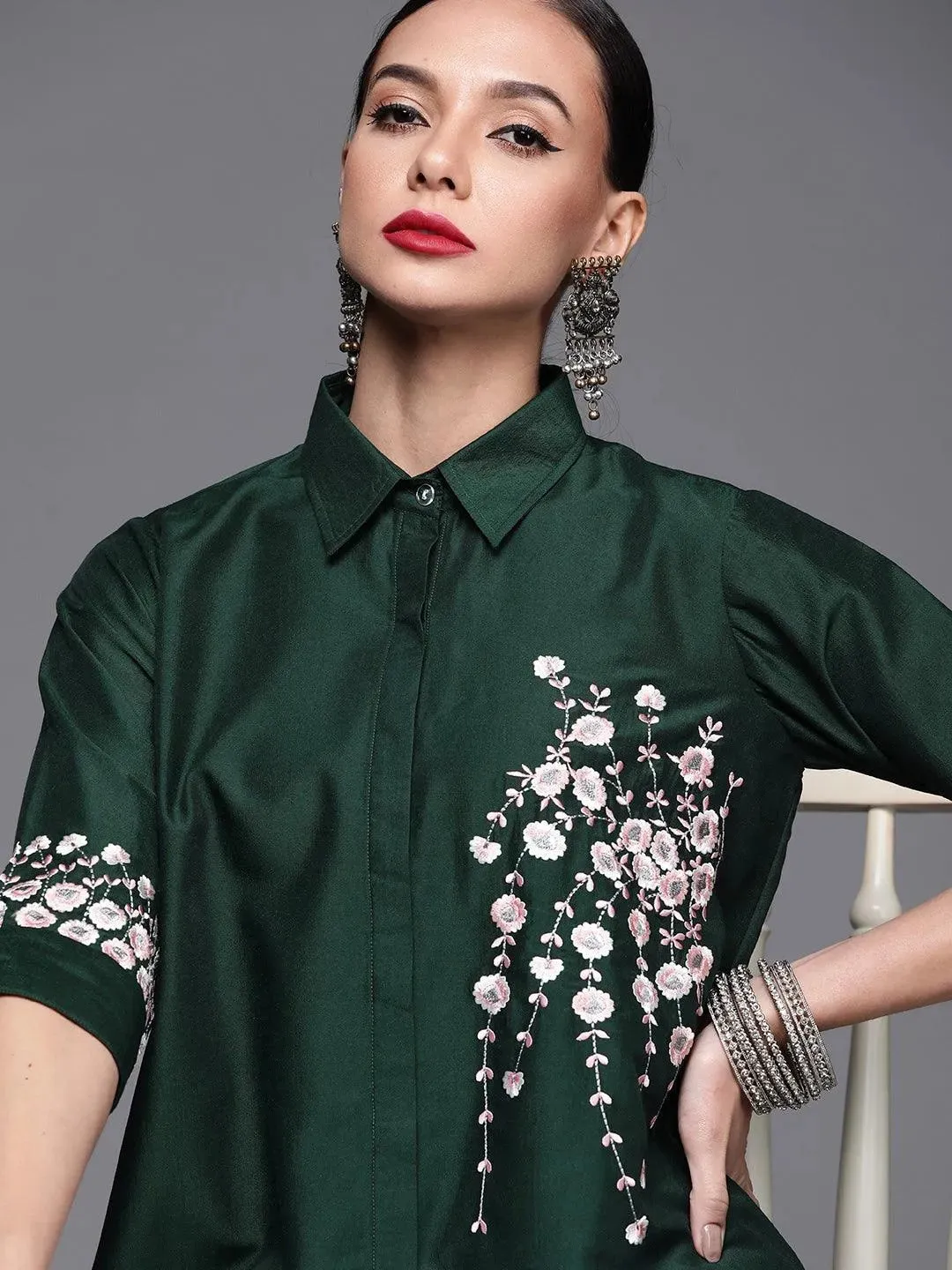 Green Embroidered Silk Blend Shirt