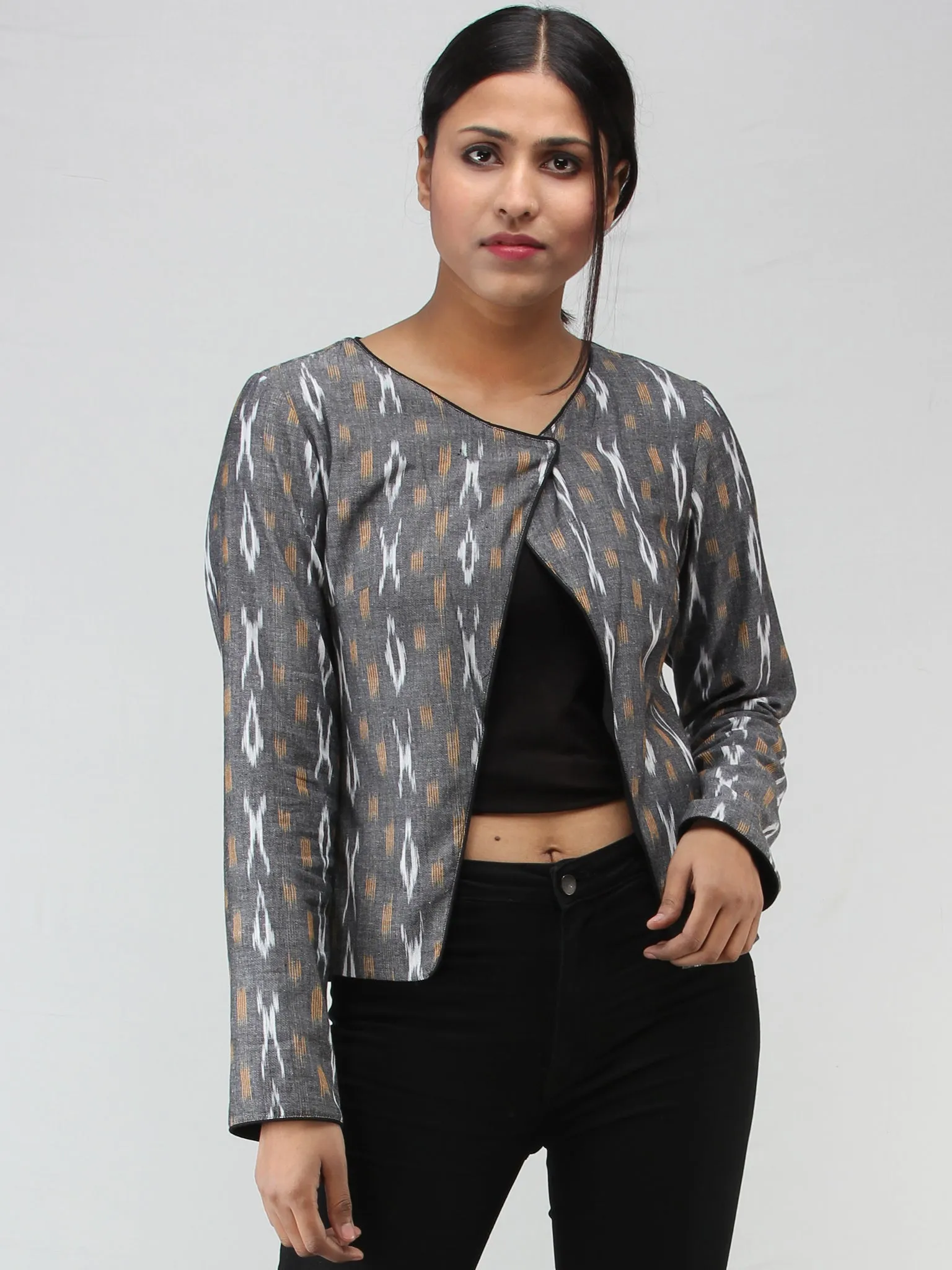 Grey White Mustard Hand Woven Ikat Crop Jacket - J15FXXX