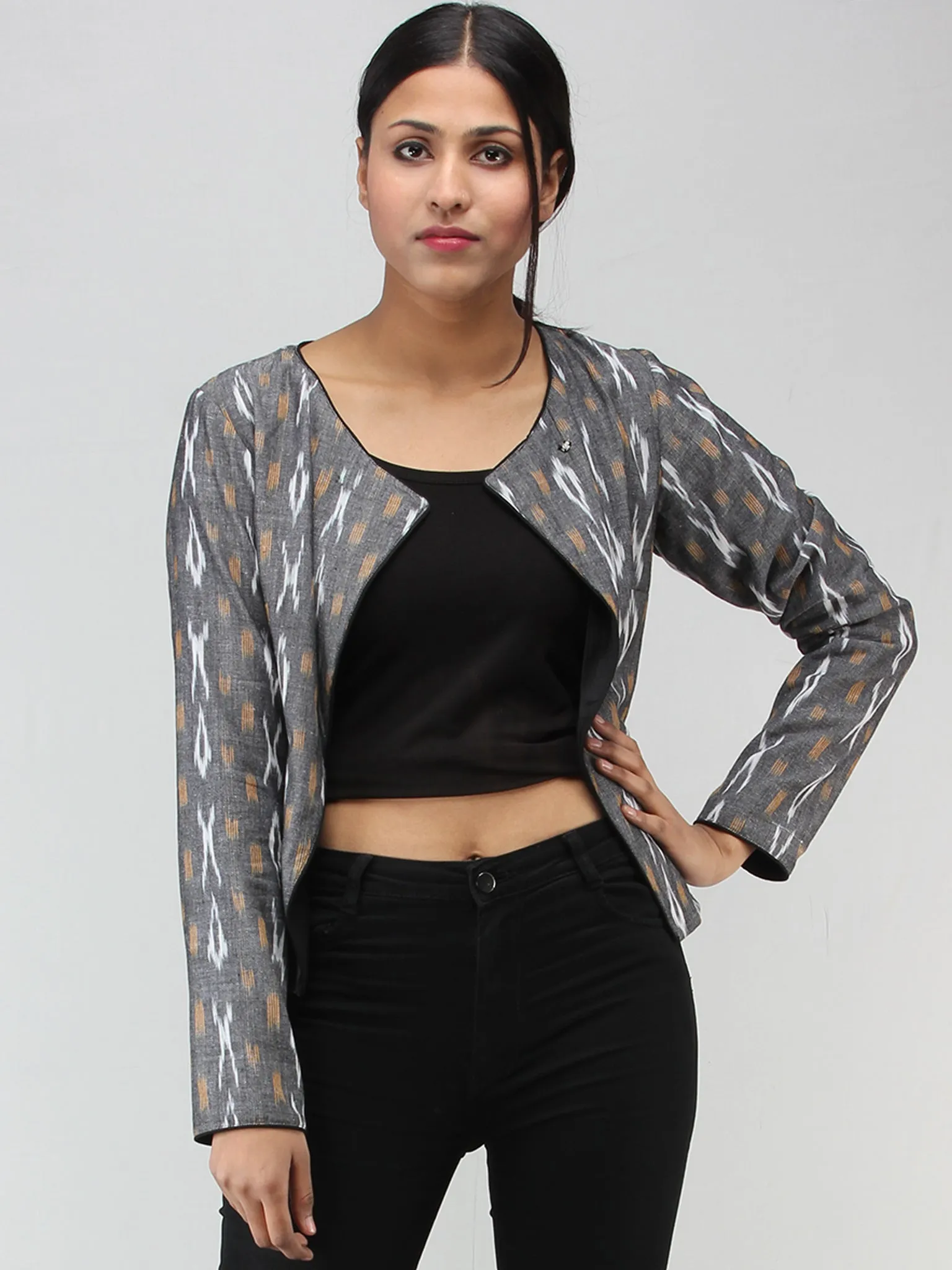 Grey White Mustard Hand Woven Ikat Crop Jacket - J15FXXX