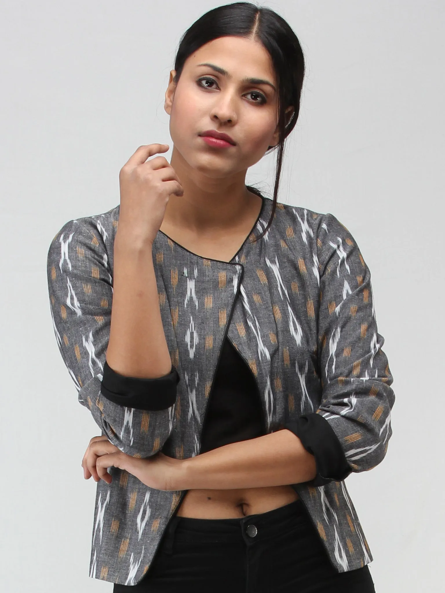 Grey White Mustard Hand Woven Ikat Crop Jacket - J15FXXX