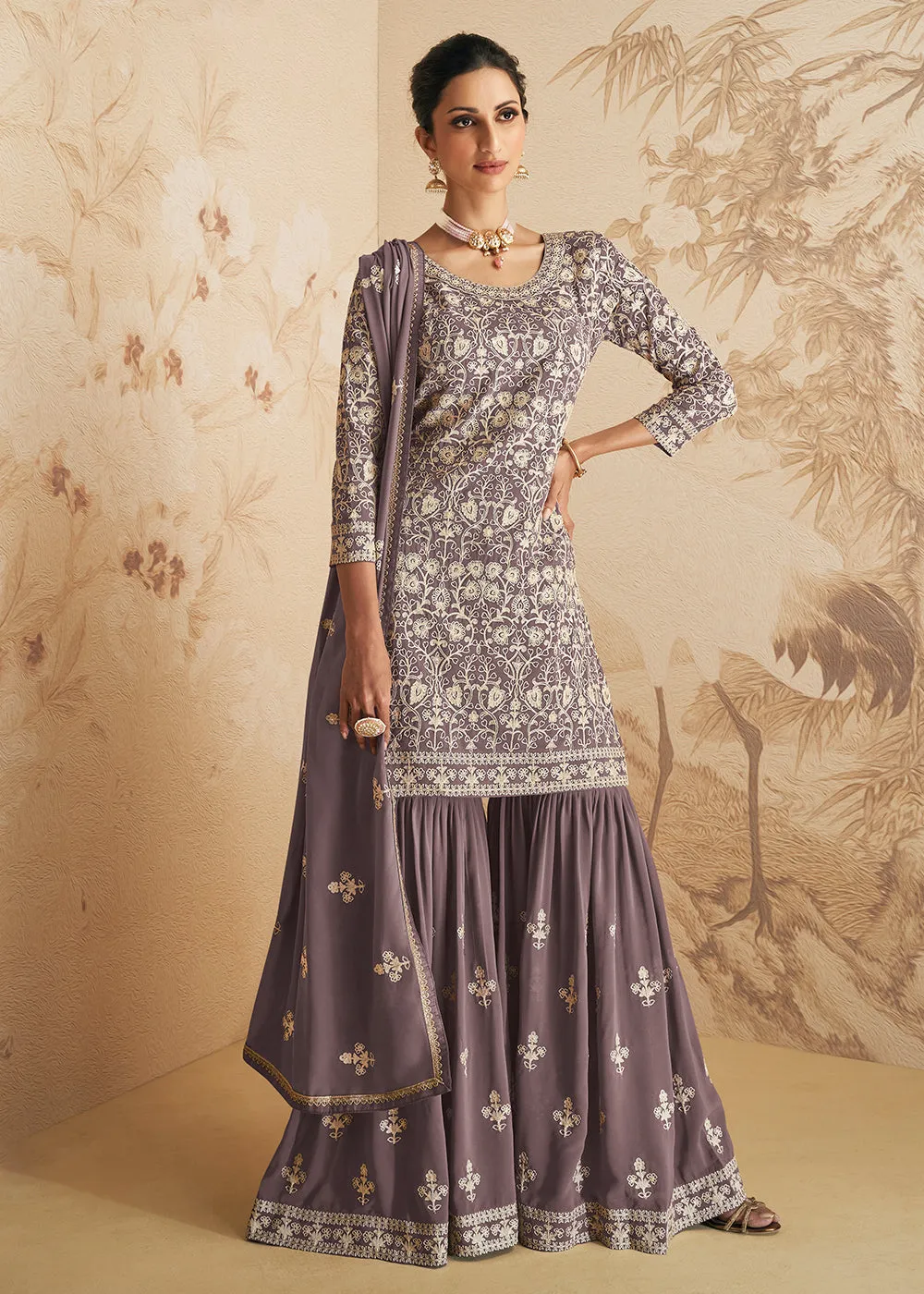 Greyish Mauve Thread & Sequins Embroidered Designer Gharara Suit