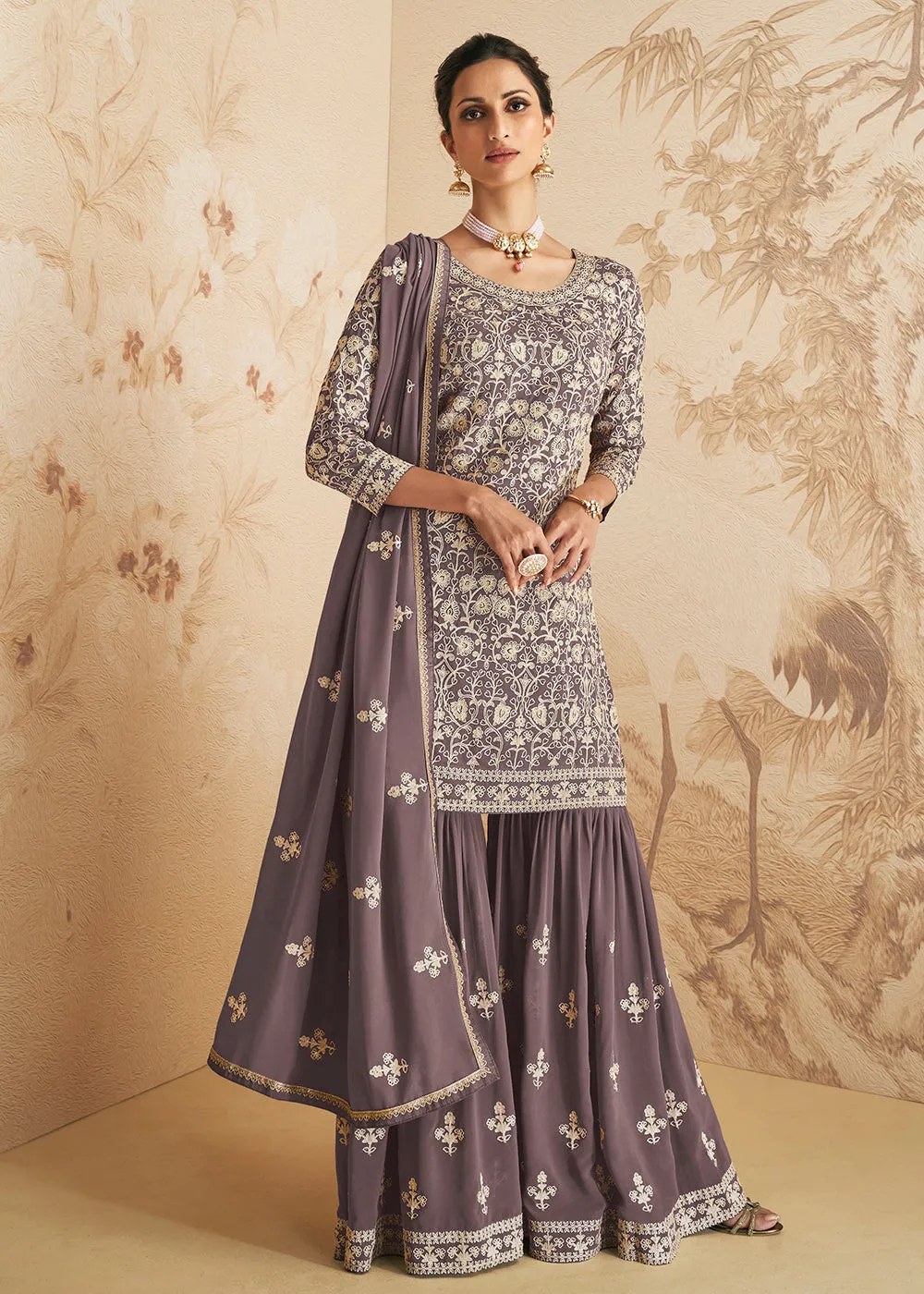 Greyish Mauve Thread & Sequins Embroidered Designer Gharara Suit