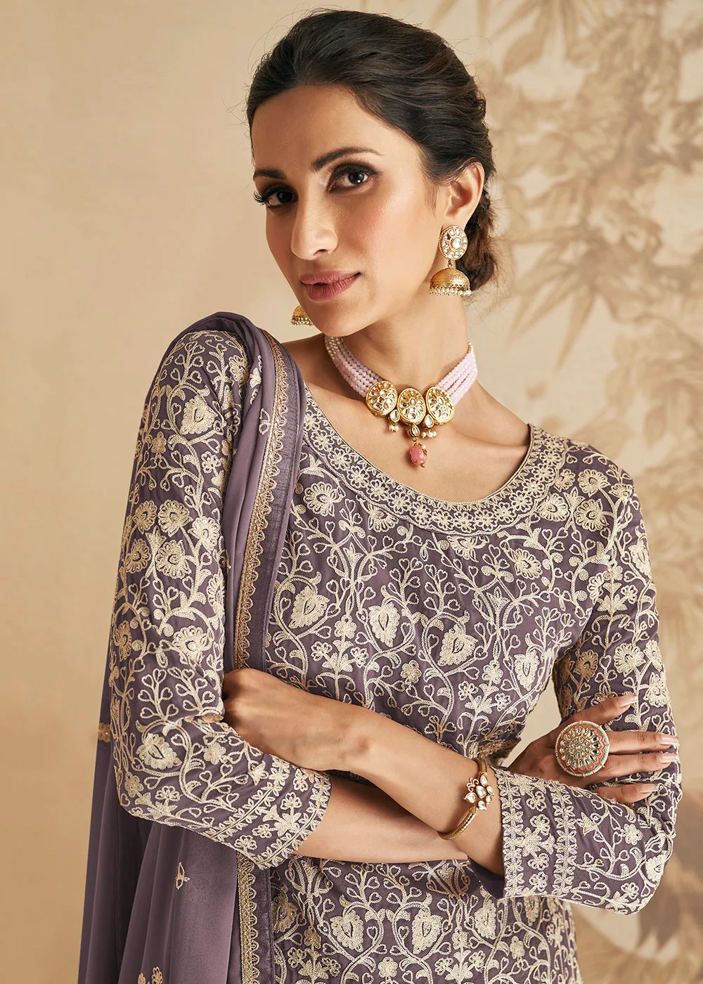 Greyish Mauve Thread & Sequins Embroidered Designer Gharara Suit