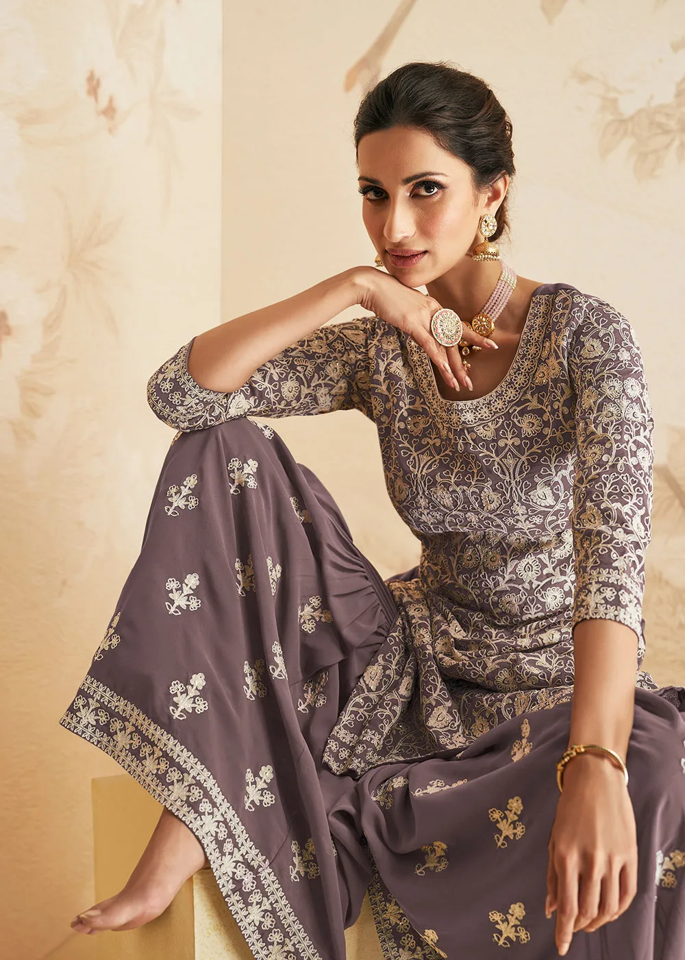 Greyish Mauve Thread & Sequins Embroidered Designer Gharara Suit