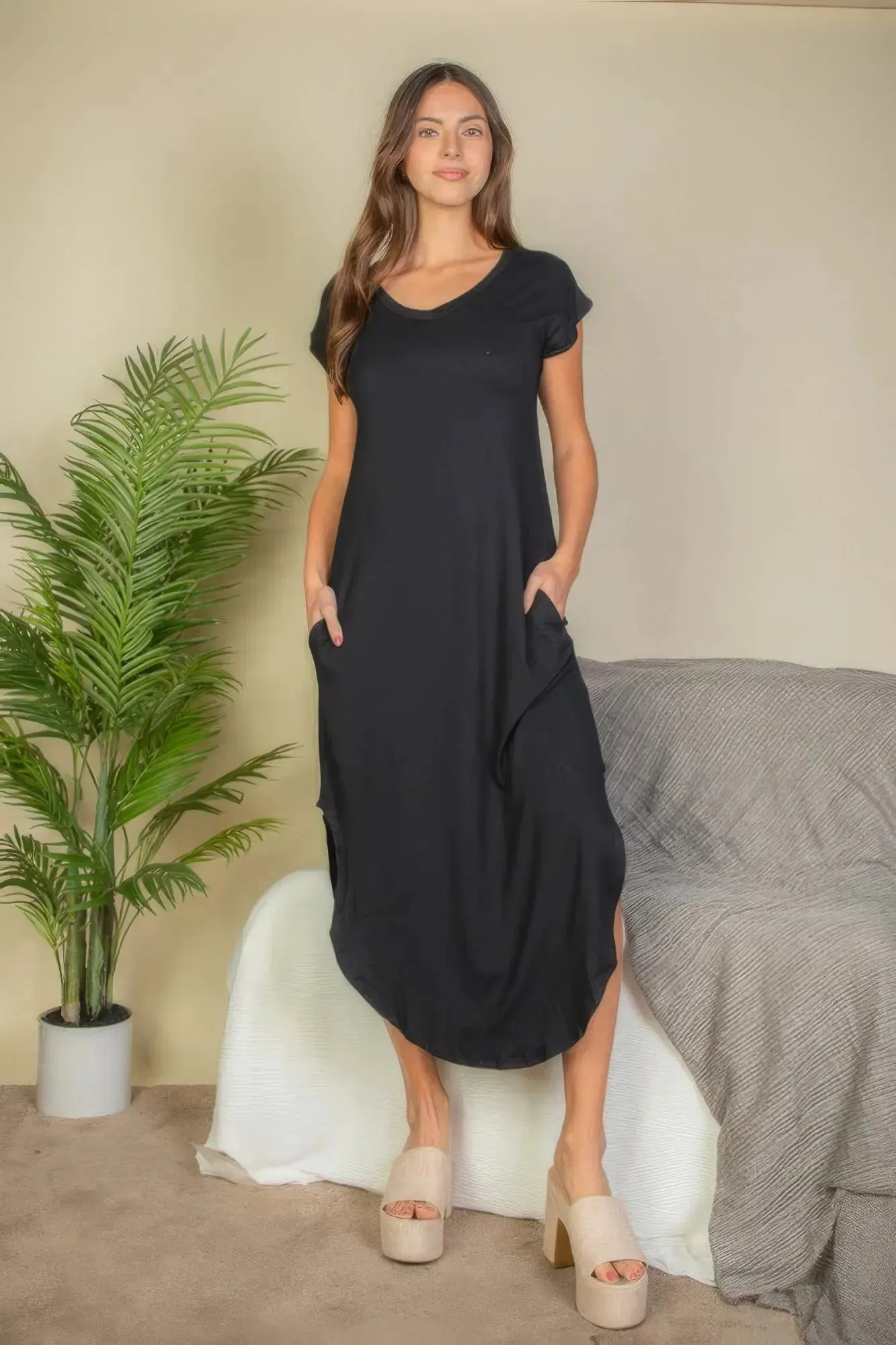 Hidden Pocket Batwing Sleeve V Neck Long Dress V neck dress