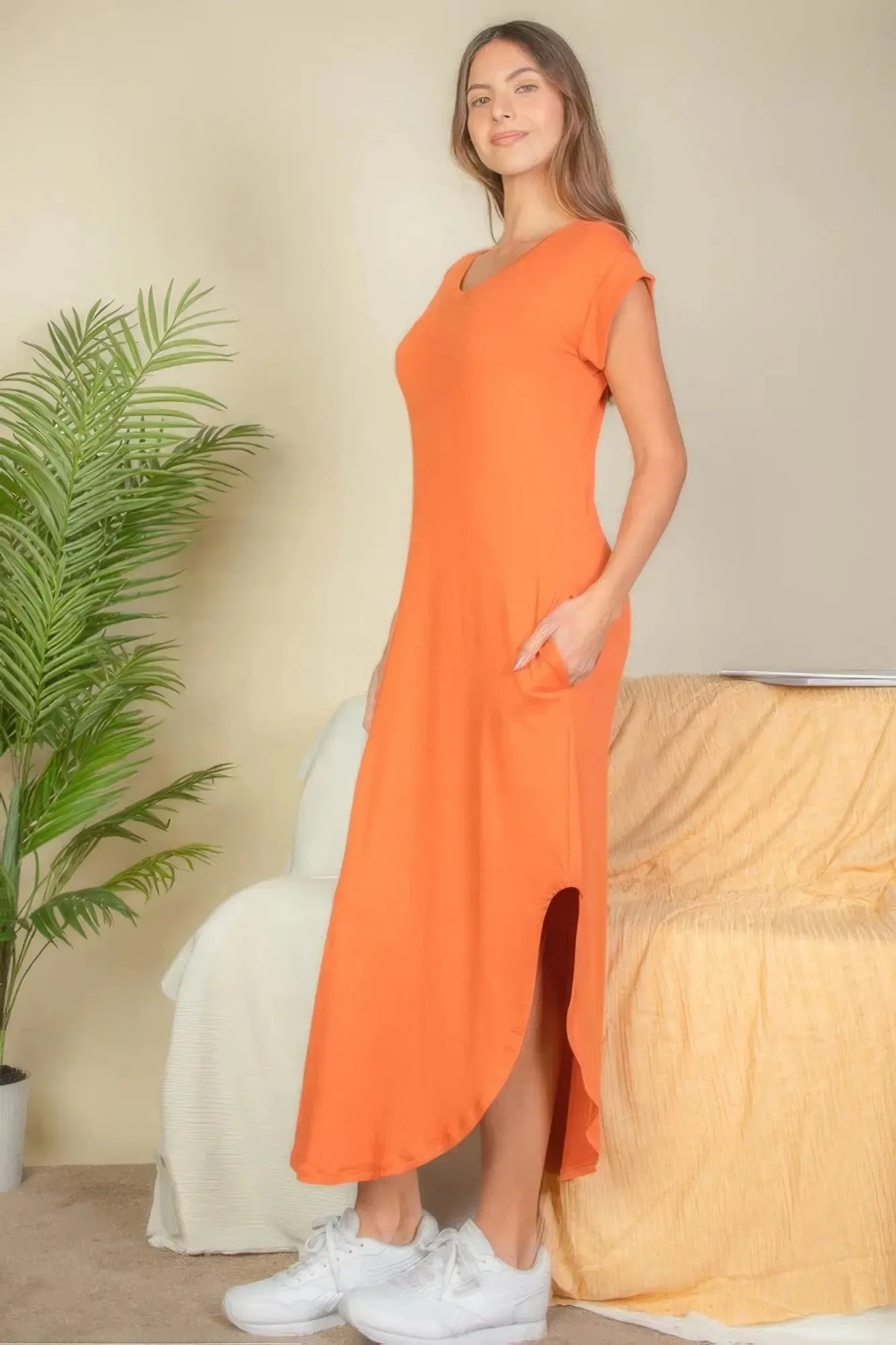 Hidden Pocket Batwing Sleeve V Neck Long Dress V neck dress