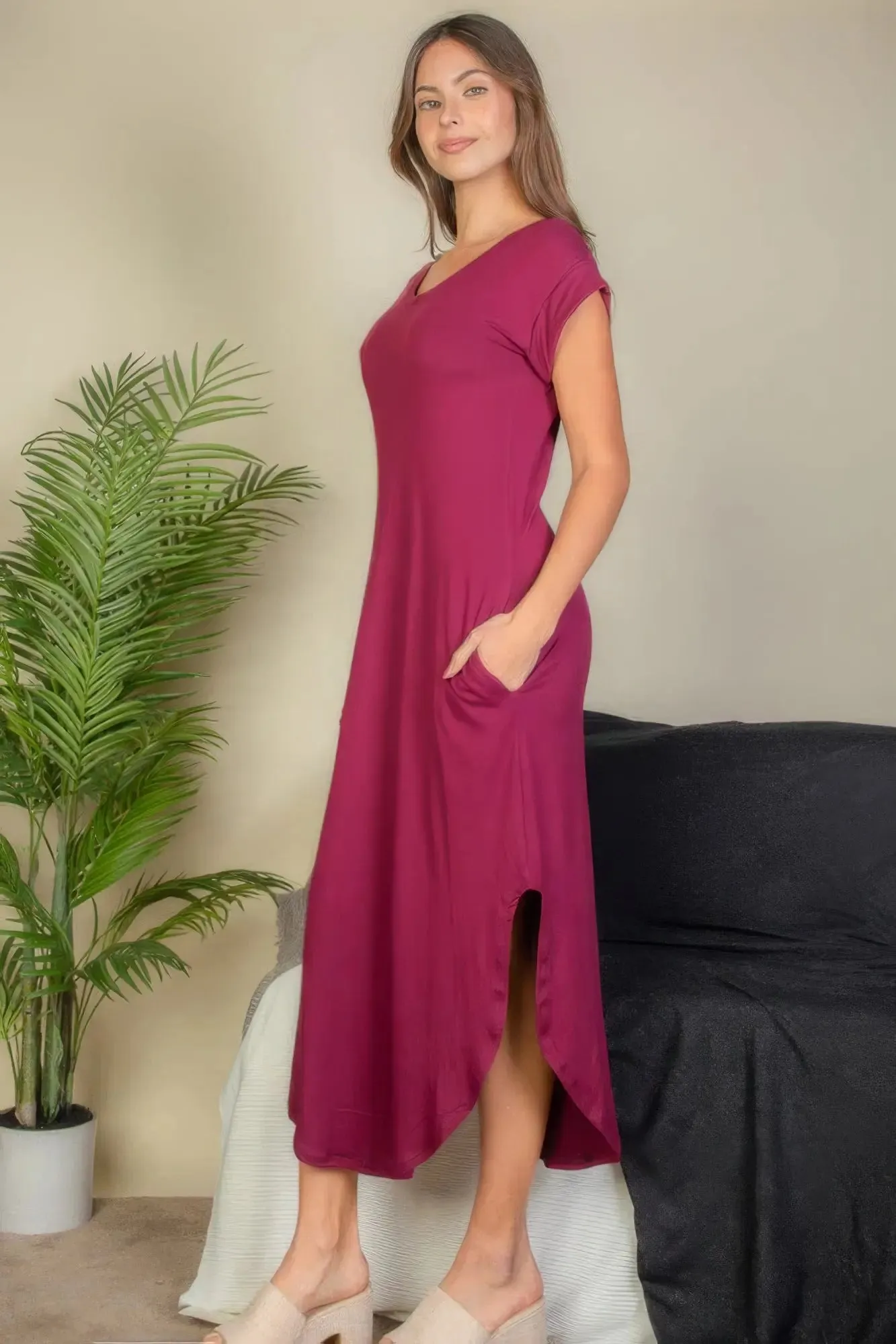 Hidden Pocket Batwing Sleeve V Neck Long Dress V neck dress