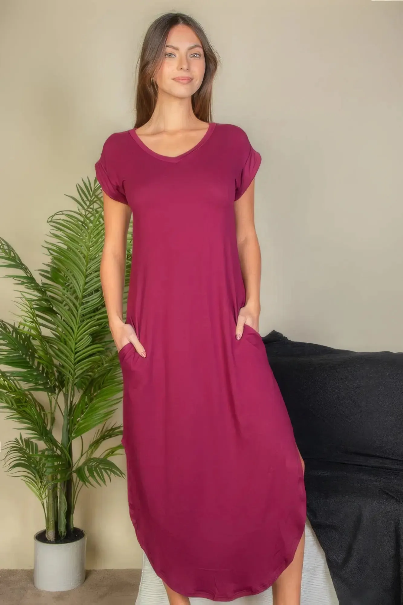 Hidden Pocket Batwing Sleeve V Neck Long Dress V neck dress