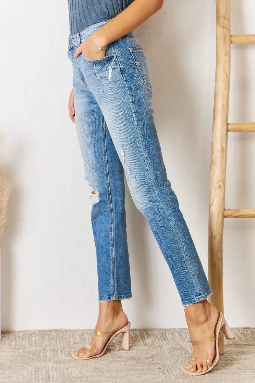 High Rise Distressed Slim Straight Jeans