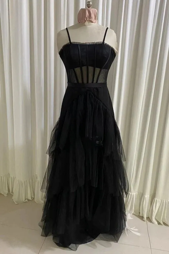 kamahe Black Prom Dress, Elegant A-line Layered Tulle Prom Dresses,Sheer Corset Long Evening Dress