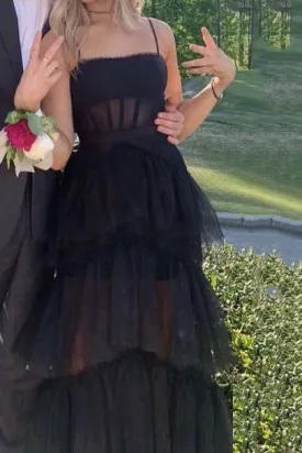 kamahe Black Prom Dress, Elegant A-line Layered Tulle Prom Dresses,Sheer Corset Long Evening Dress