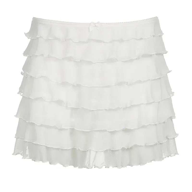 Korean Fashion Sweet Summer Mesh Skirt Cake Low Rise Bow Ruched Tierred Japanese Y2K Mini Skirts Women Outfits Bottom