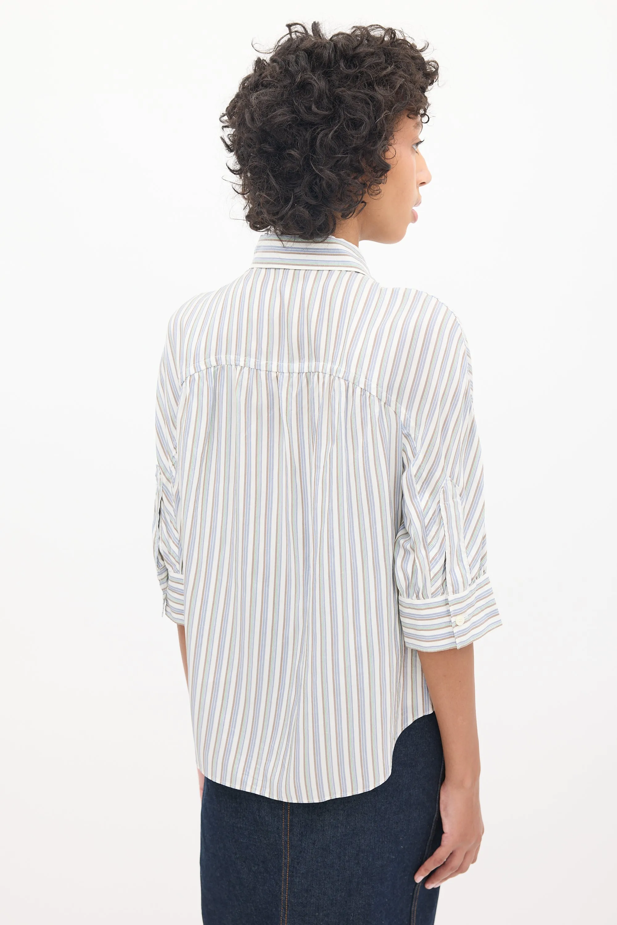 Light Blue & Multicolour Striped Gathered Shirt