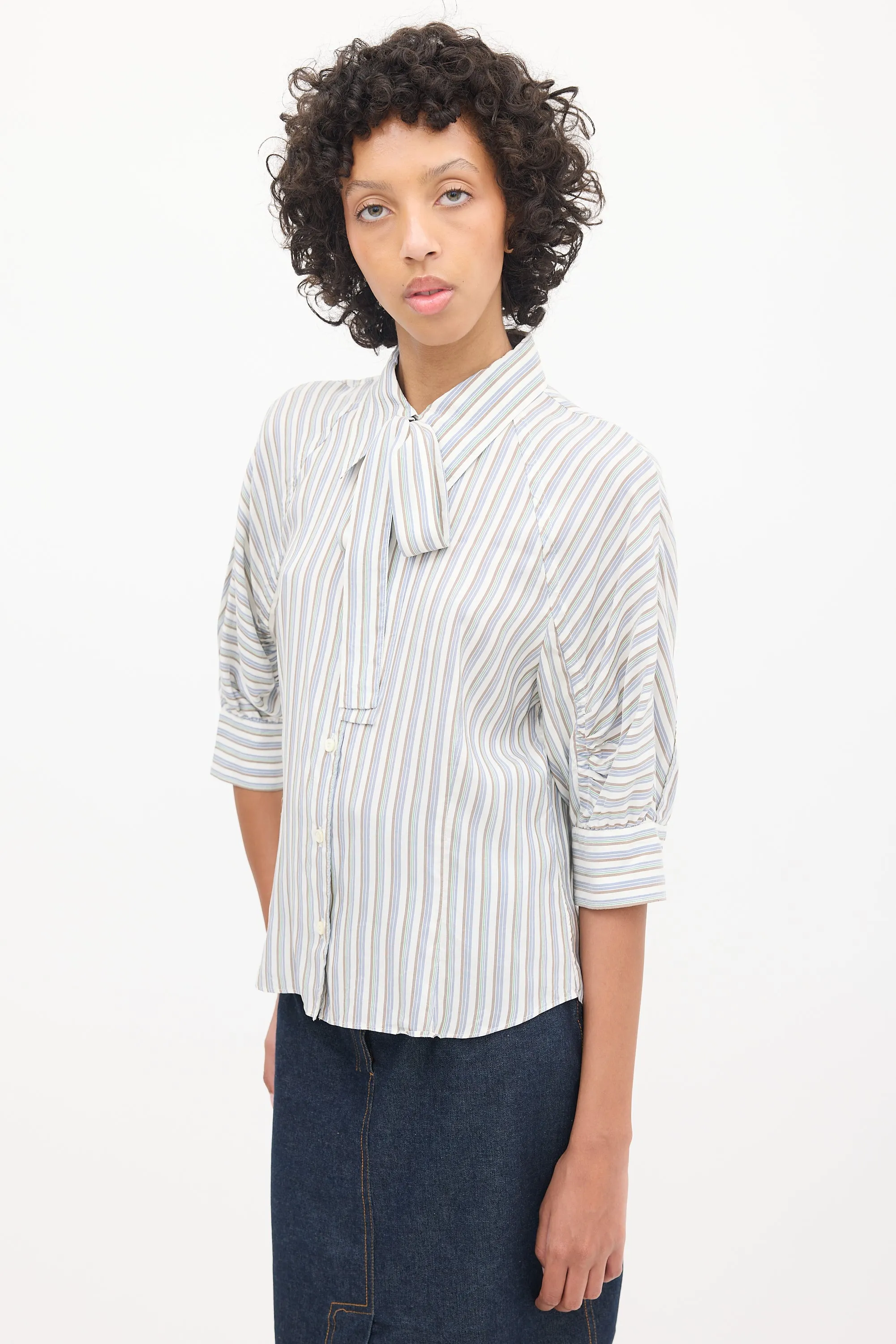 Light Blue & Multicolour Striped Gathered Shirt