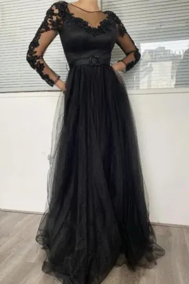 Long Sleeves Round Neck Black Lace Long Prom Dress, Black Lace Formal Graduation Evening Dress A1334