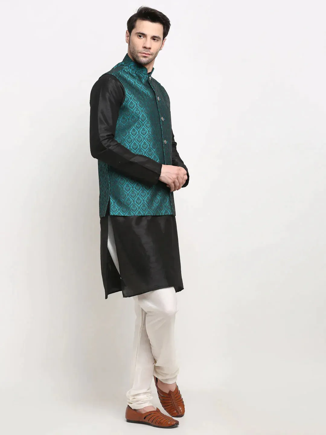 Men'S Black Dupion Silk Kurta With Churidar & Nehru Jacket