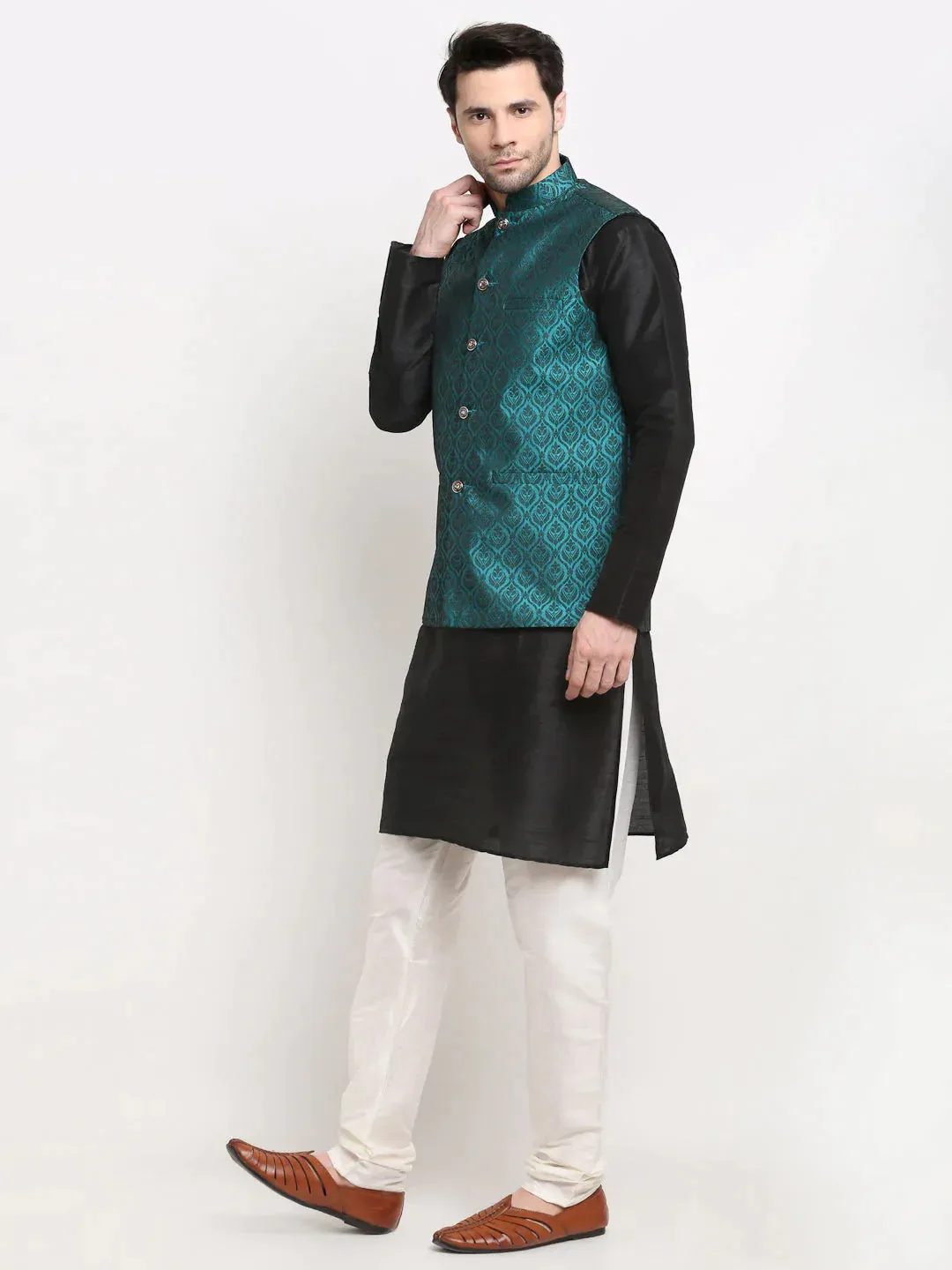 Men'S Black Dupion Silk Kurta With Churidar & Nehru Jacket