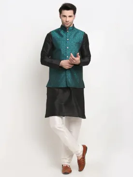 Men'S Black Dupion Silk Kurta With Churidar & Nehru Jacket